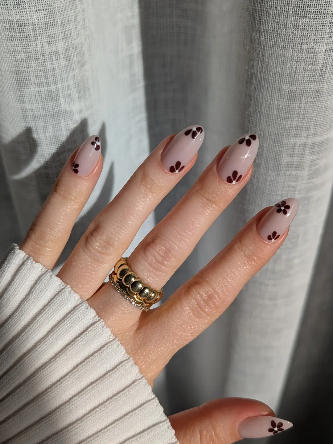 fall short almond nails 2026 Delicate Cocoa Floral Minimalist Nails