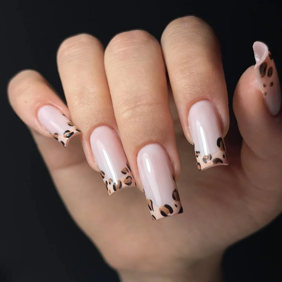 fall square nails 2026 Milky Nude Square Nails With Leopard French Tips
