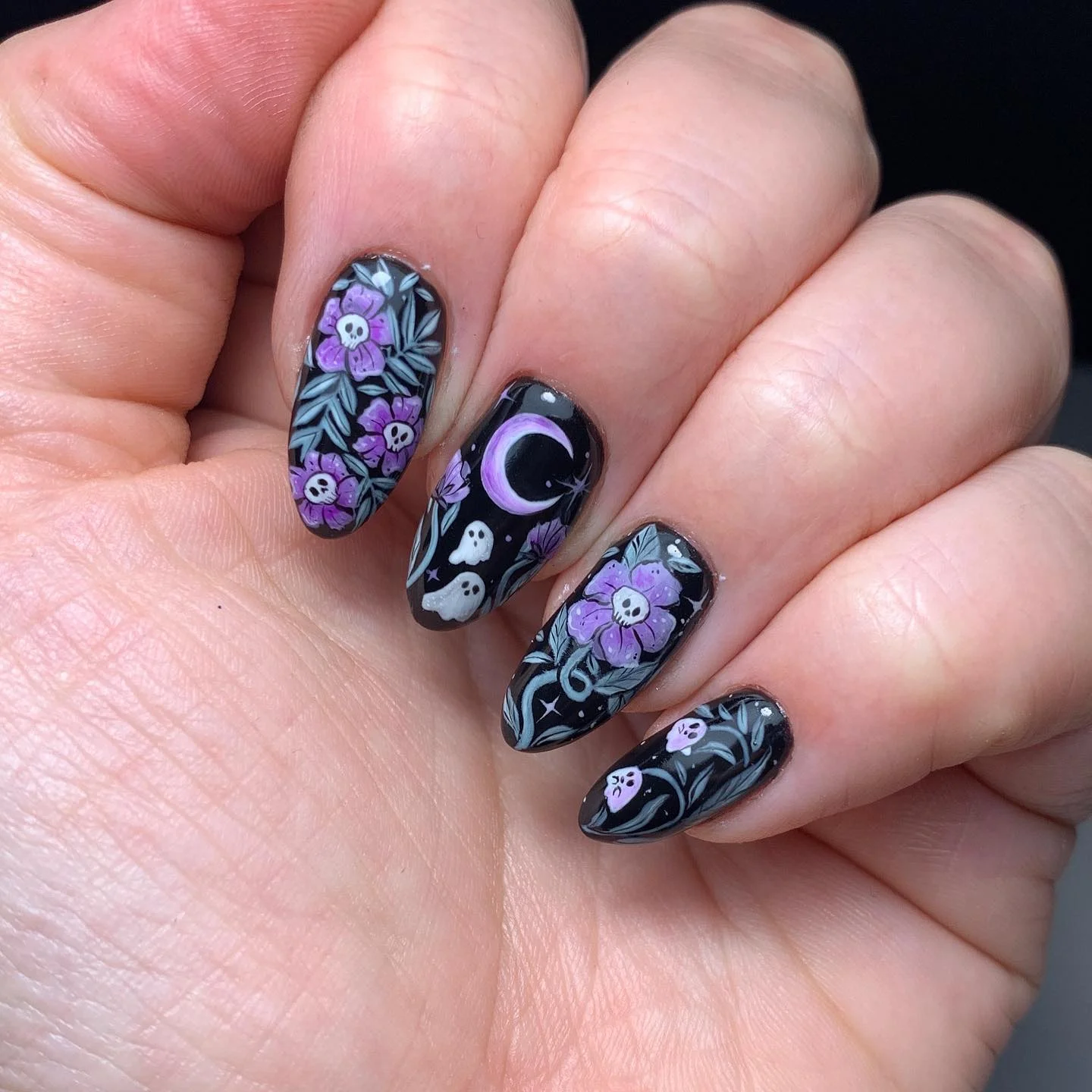 halloween nail art 2026 Purple Skull Florals And Midnight Moonlight