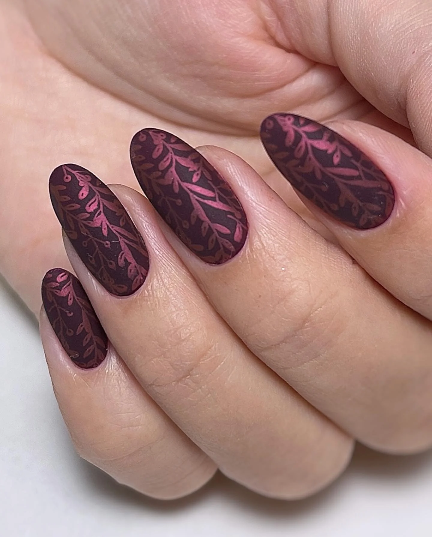 maroon fall nails 2026 Moody Maroon Nails With Tonal Botanical Pattern