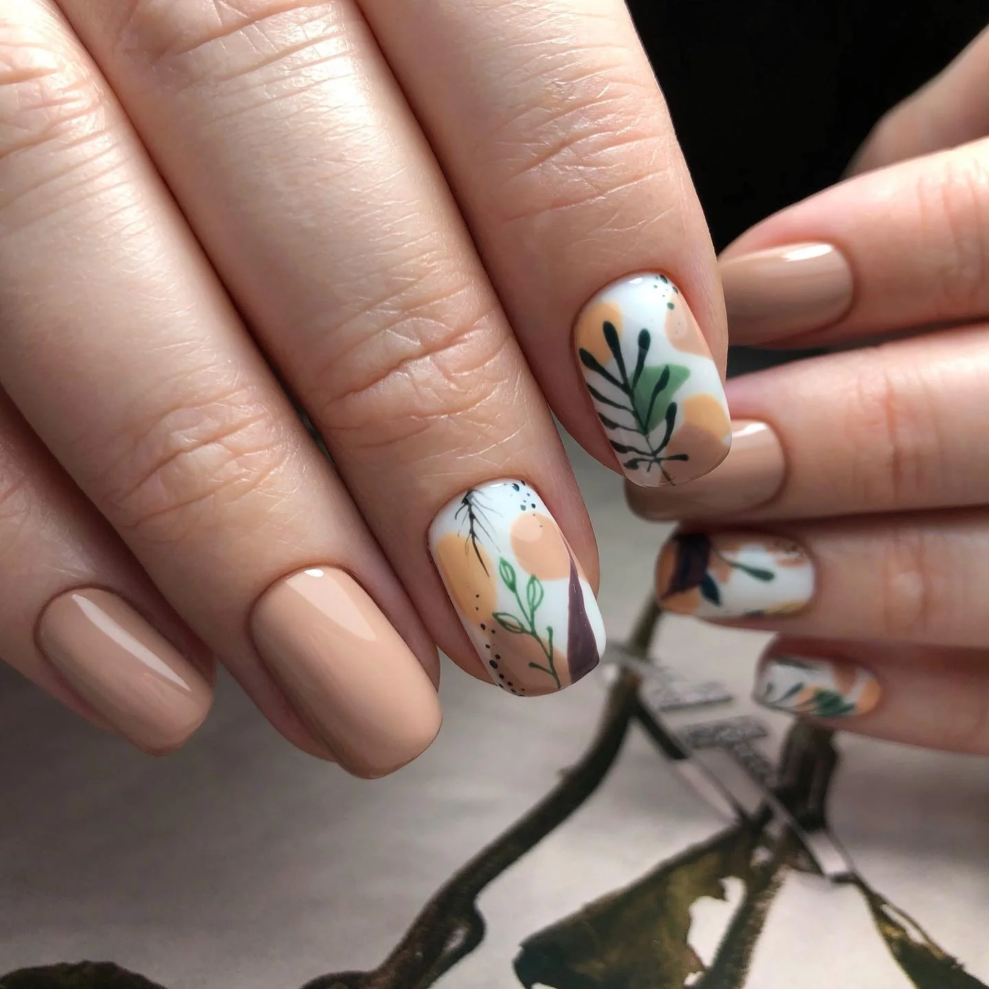 nude fall nails 2026 Neutral Botanical Art With Soft Autumn Tones