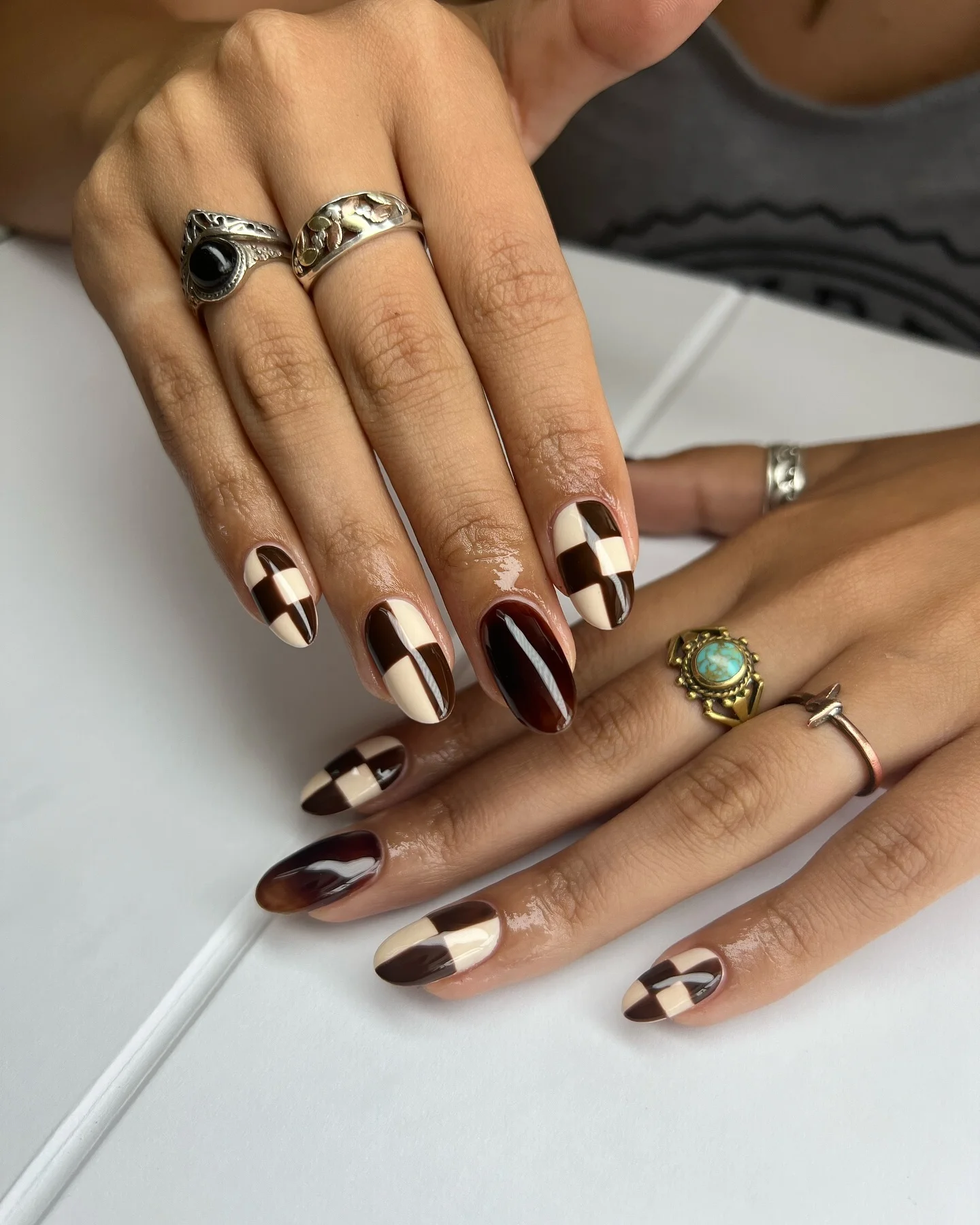 dark fall nails 2026 Chocolate Checkerboard Nails With A Modern Retro Feel