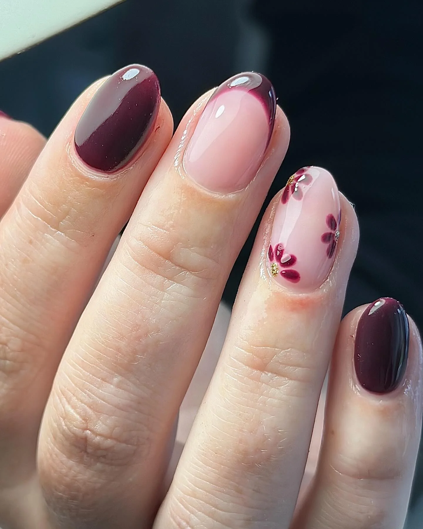 fall burgundy nails with design Soft Burgundy Florals With A Blush Base