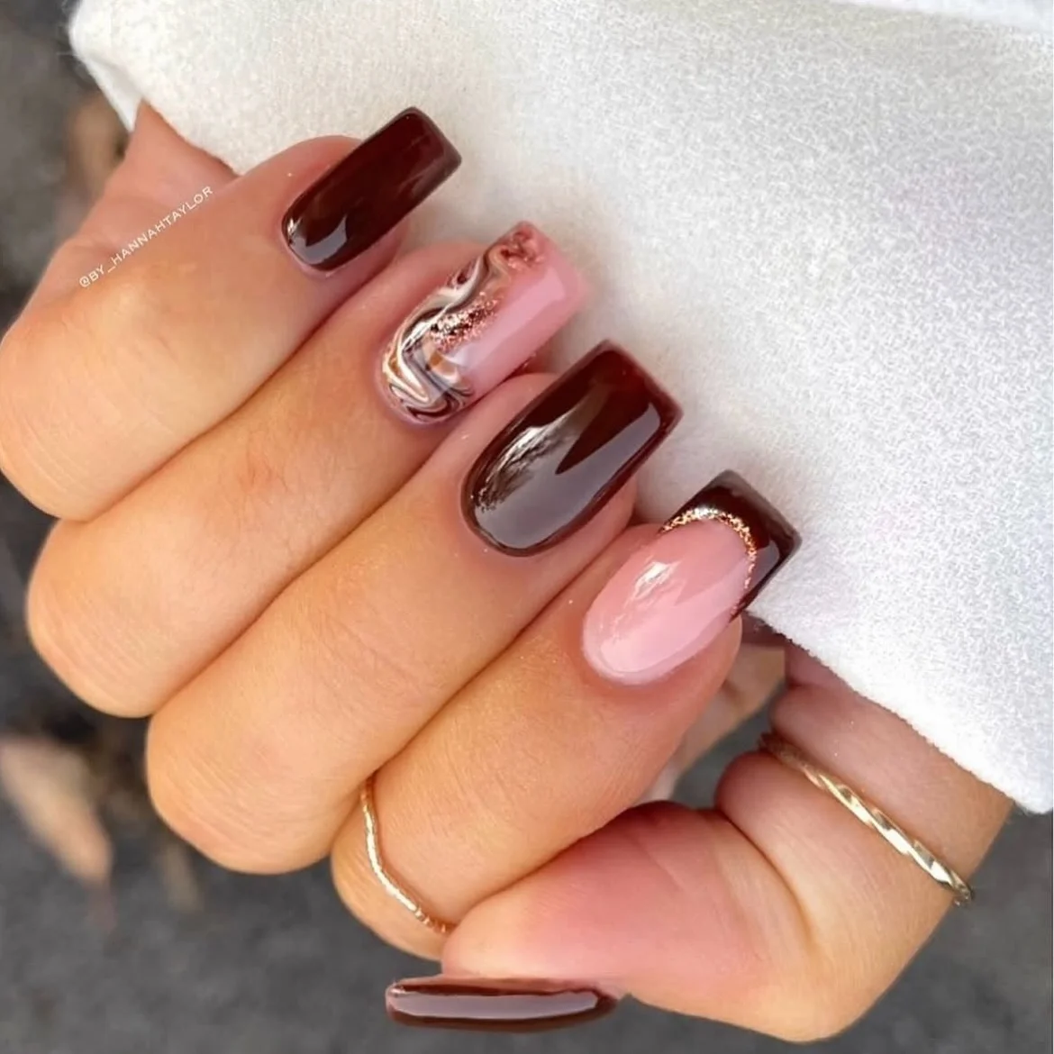 fall mid length nails 2026 Mocha Marble Glam With Rose Gold Details