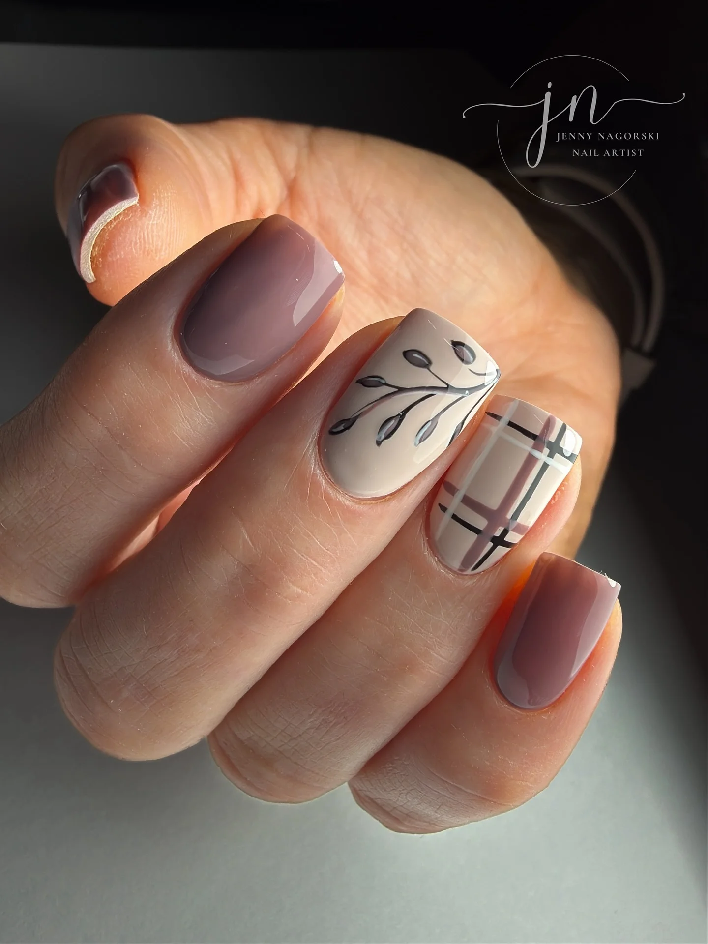 fall nail designs for office 2026 Soft Taupe Plaid And Botanical Accent Nails