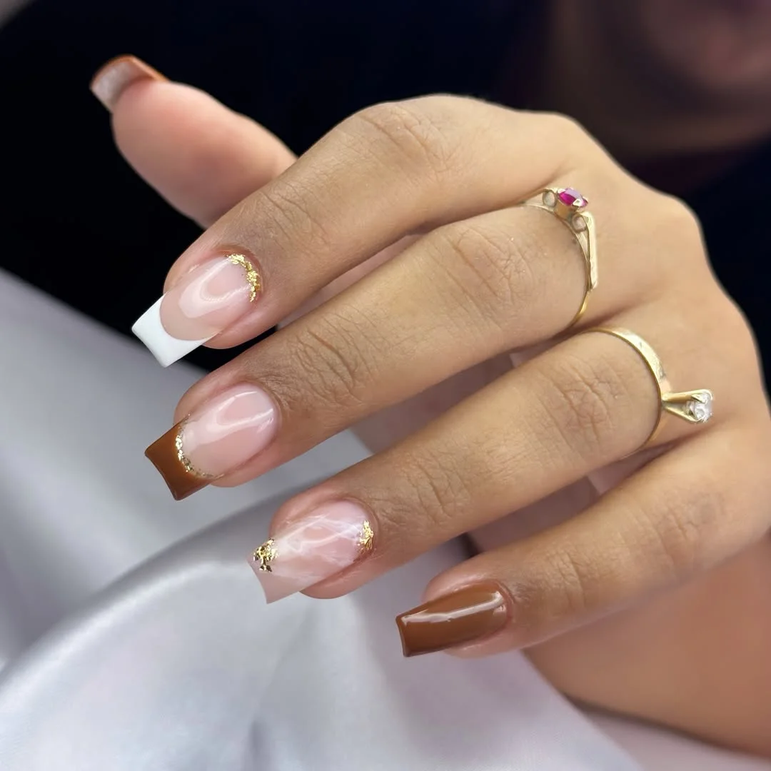fall nail designs square shape 2026 Caramel And White French Tips With Gold Accents