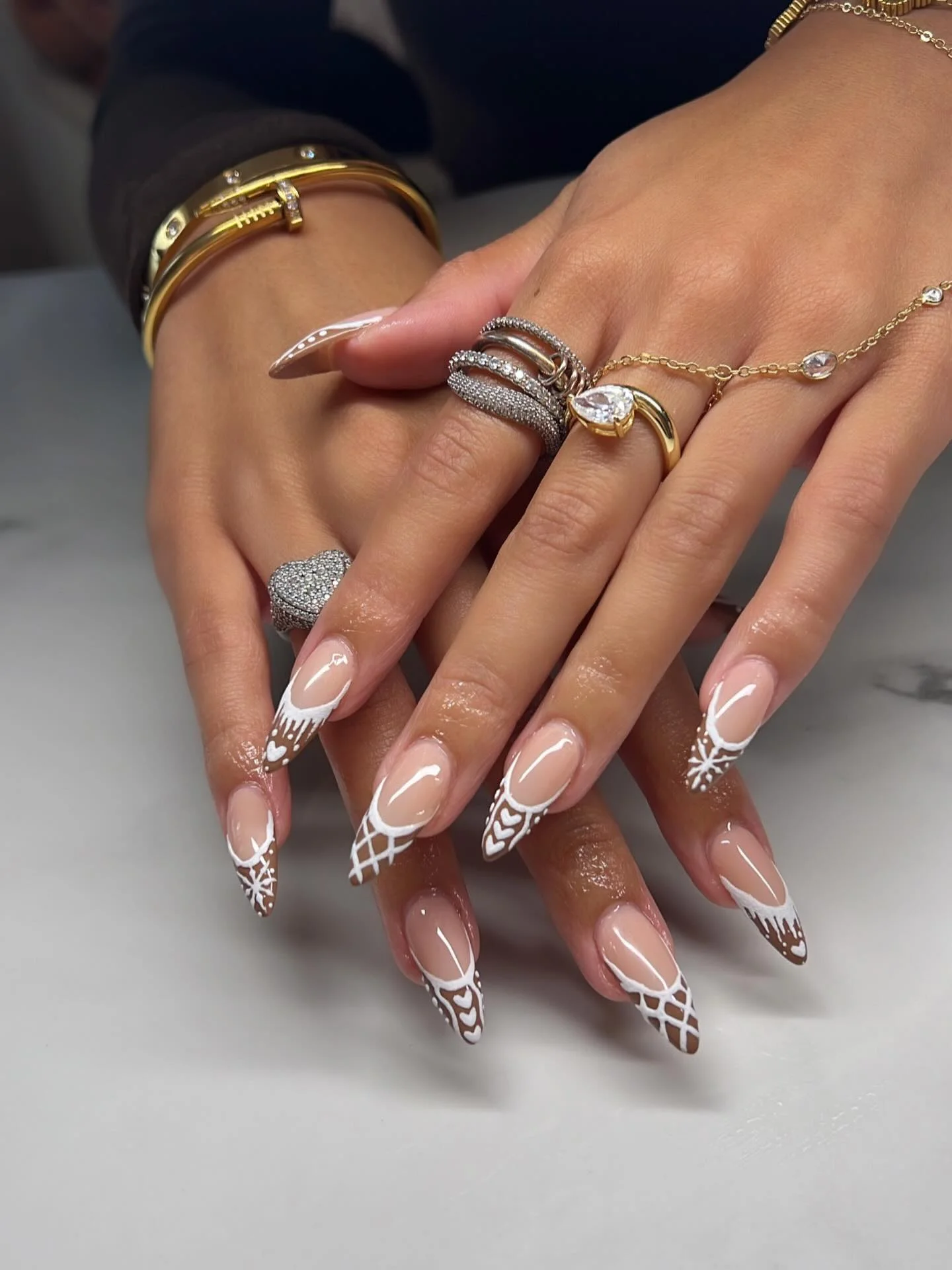 fall nails for medium skin tone Mocha Sweater Nails With Delicate White Details