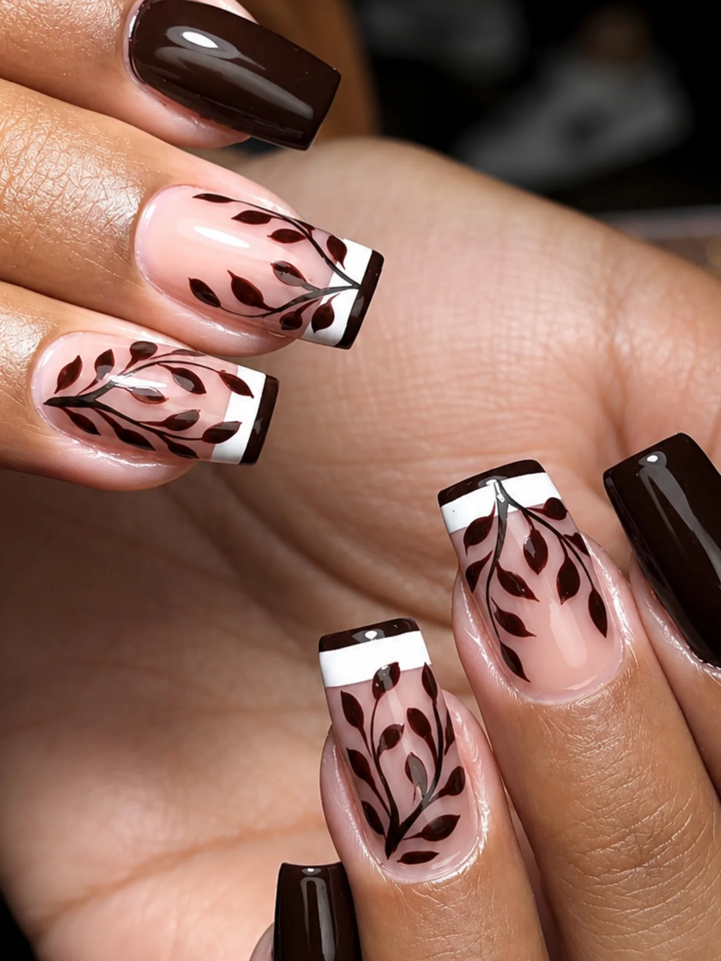 fall nails for tan skin tone Chocolate Brown French Tips With Botanical Details