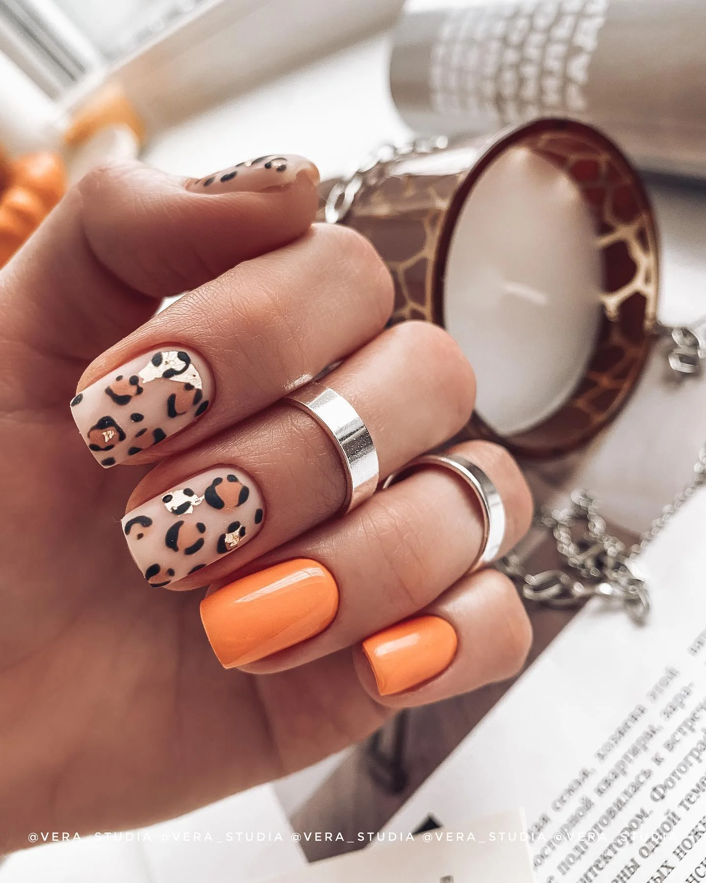fall nails with autumn designs Leopard Print And Bright Pumpkin Orange