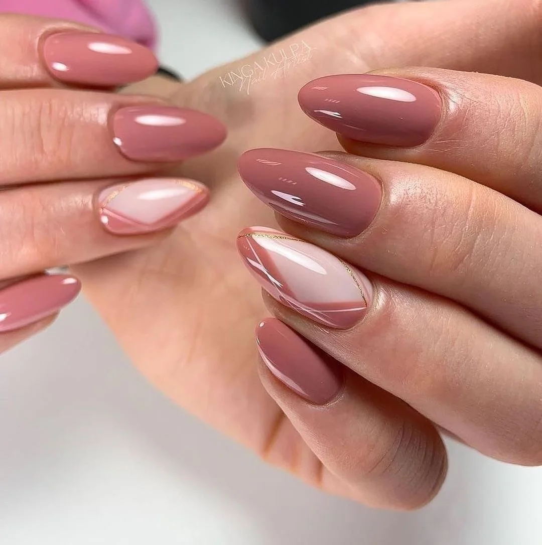nude fall nails 2026 Glossy Dusty Rose With A Delicate Gold Accent