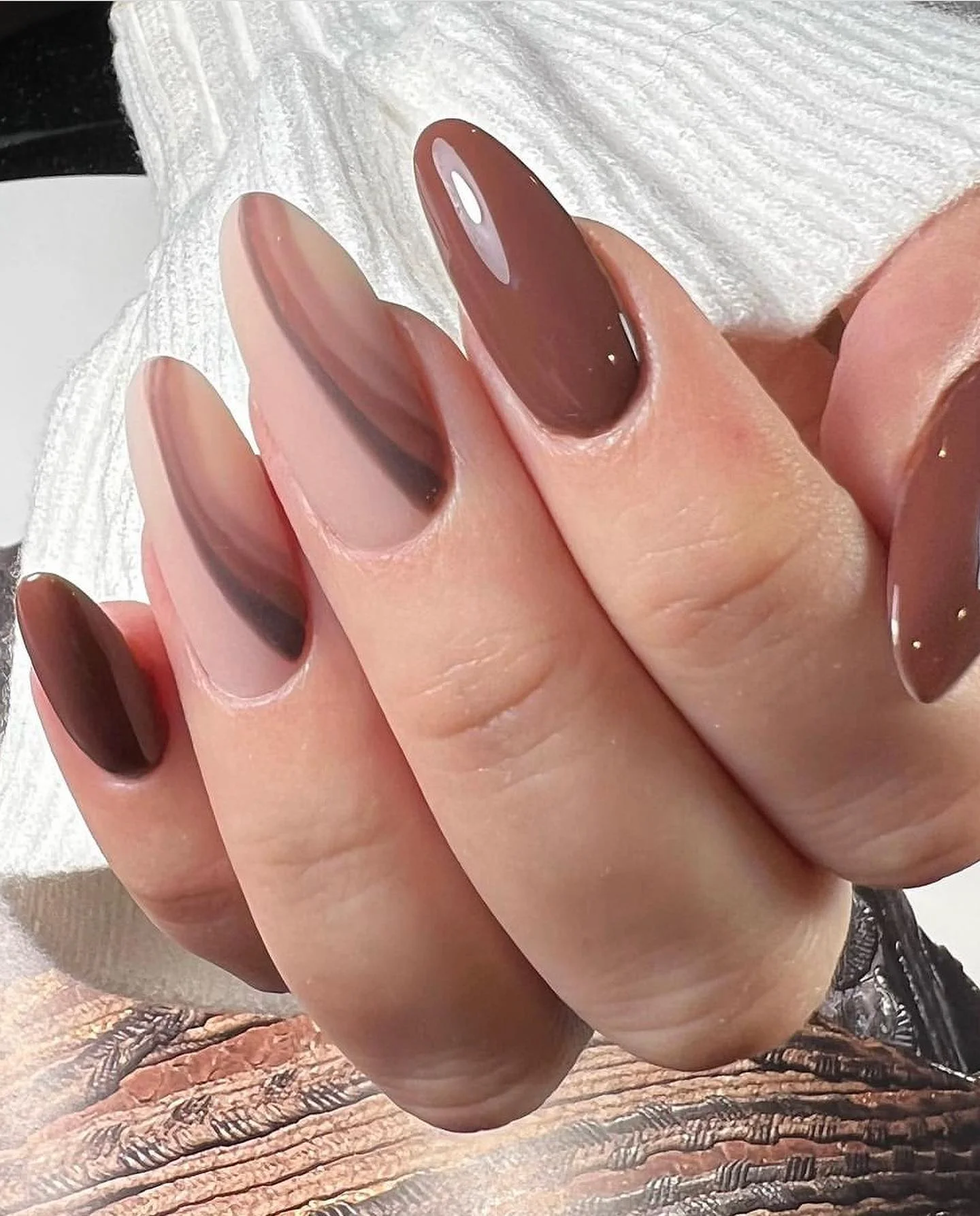 brown fall nails 2026 Soft Mocha Ombre Almond Elegance
