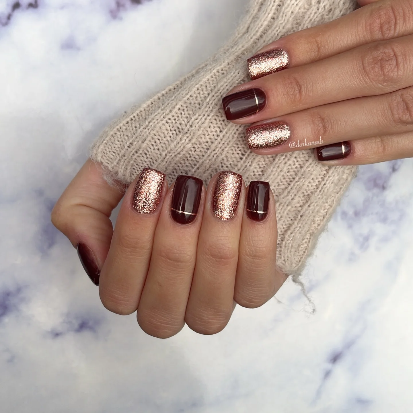 fall burgundy nails with design Rose Gold Glitter And Burgundy With A Modern Metallic Edge