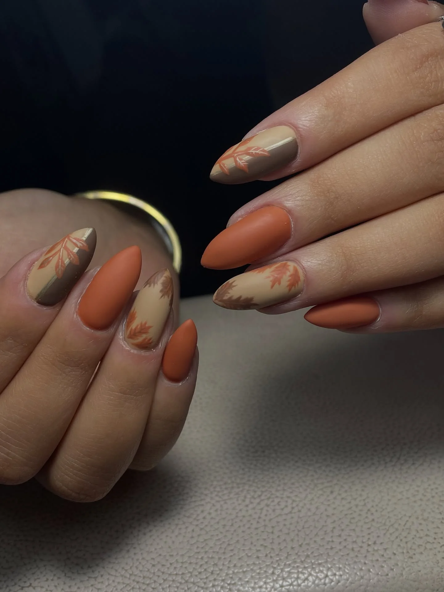 fall mid length nails 2026 Matte Autumn Leaves On Almond Nails
