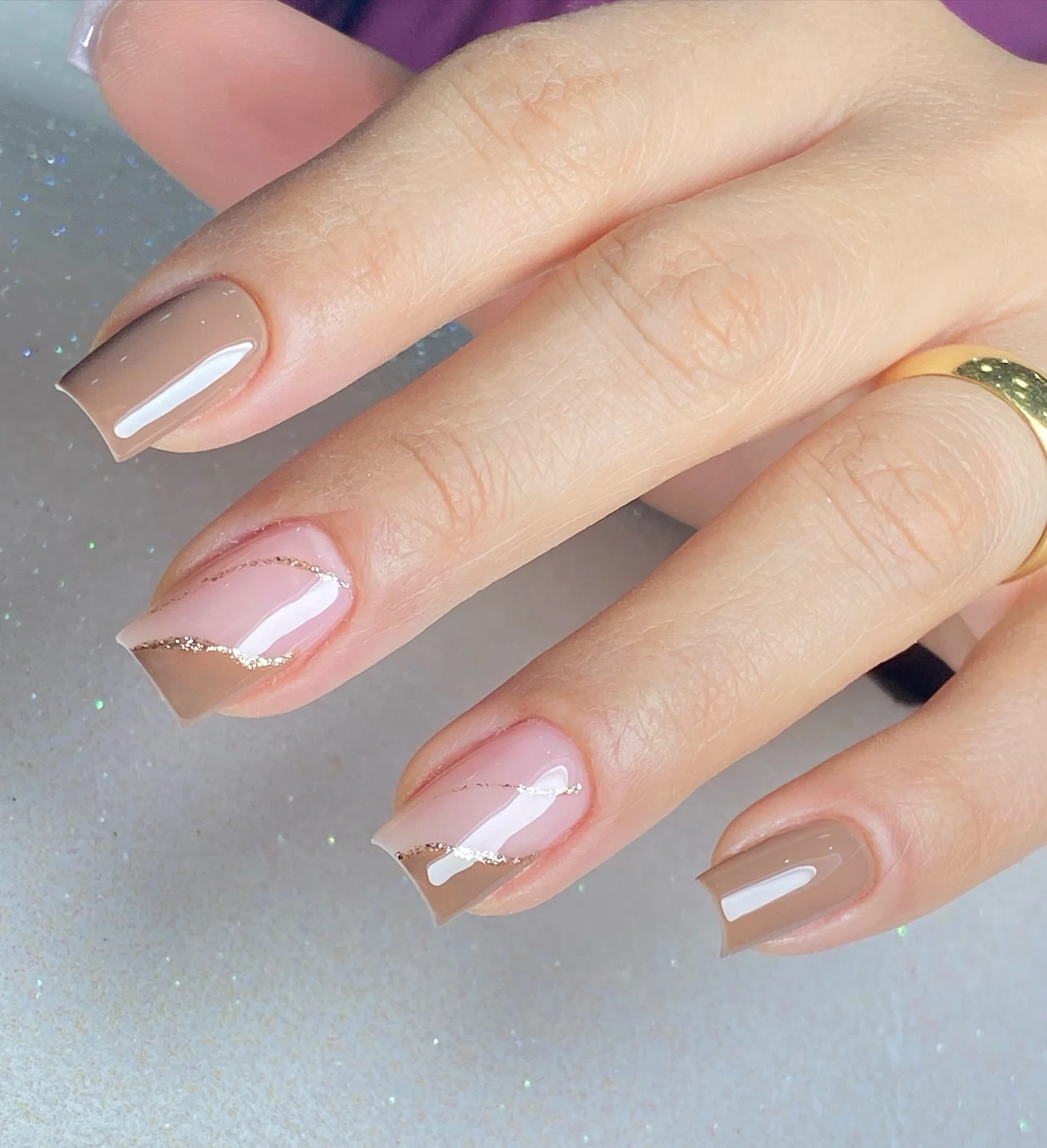 fall nail designs for office 2026 Minimalist Taupe Waves With Fine Gold Details