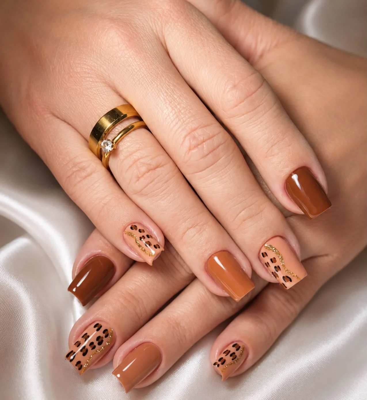 fall nail designs square shape 2026 Warm Cinnamon Leopard Square Nails
