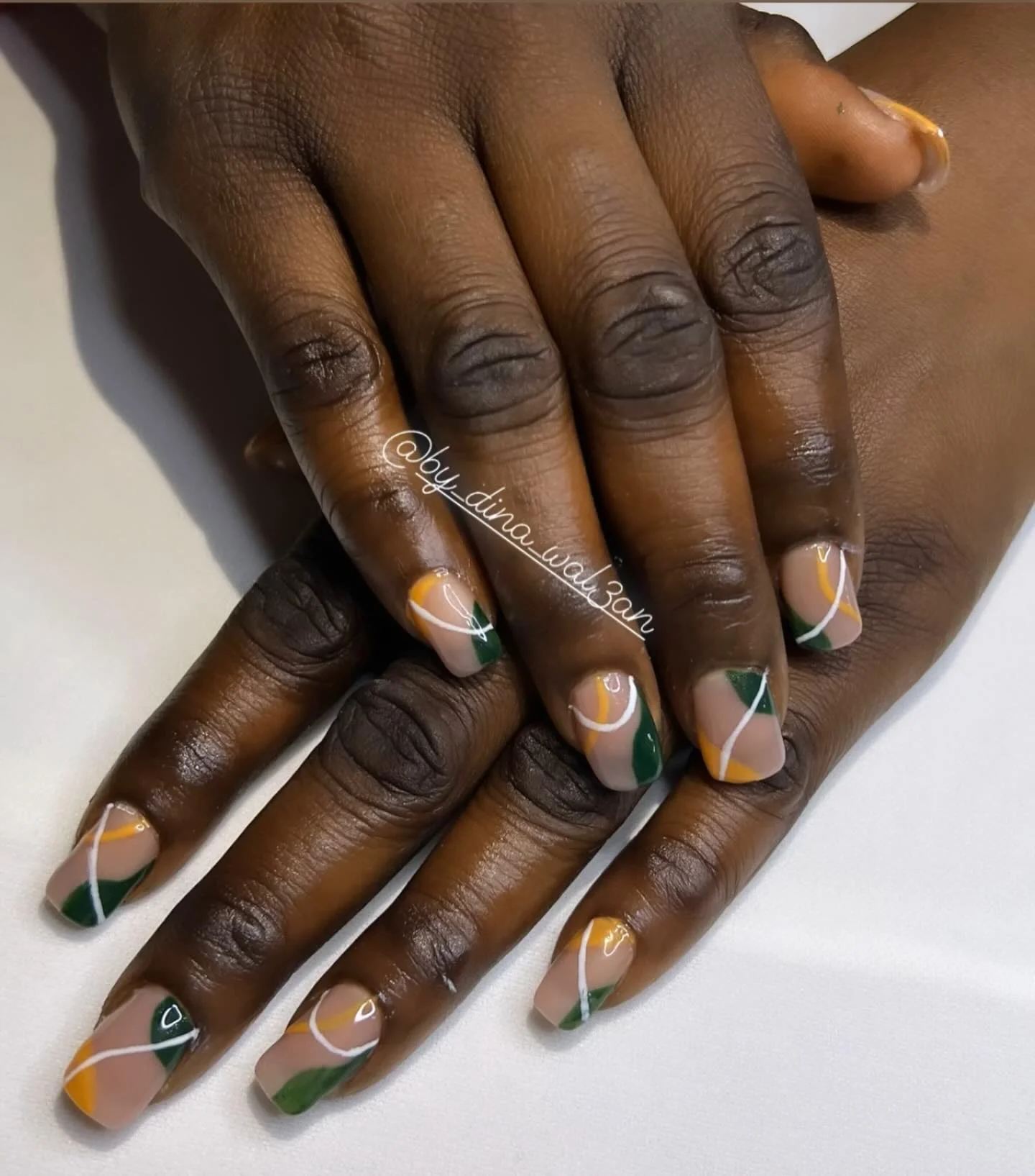 fall nails for dark skin 2026 Modern Forest Green And Mustard Color Block Nails
