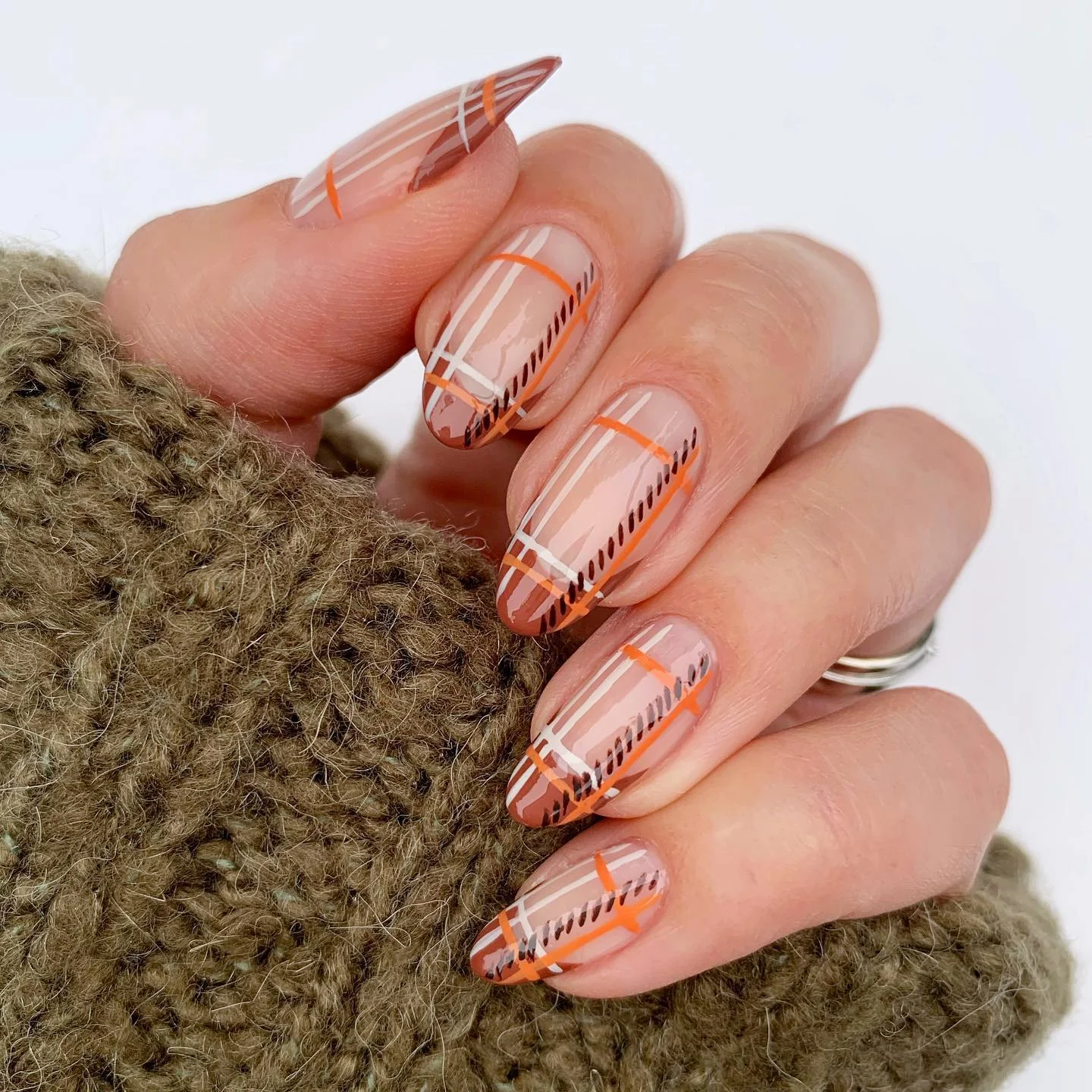 fall nails for pale skin 2026 Autumn Plaid Lines In Pumpkin And Chocolate Tones