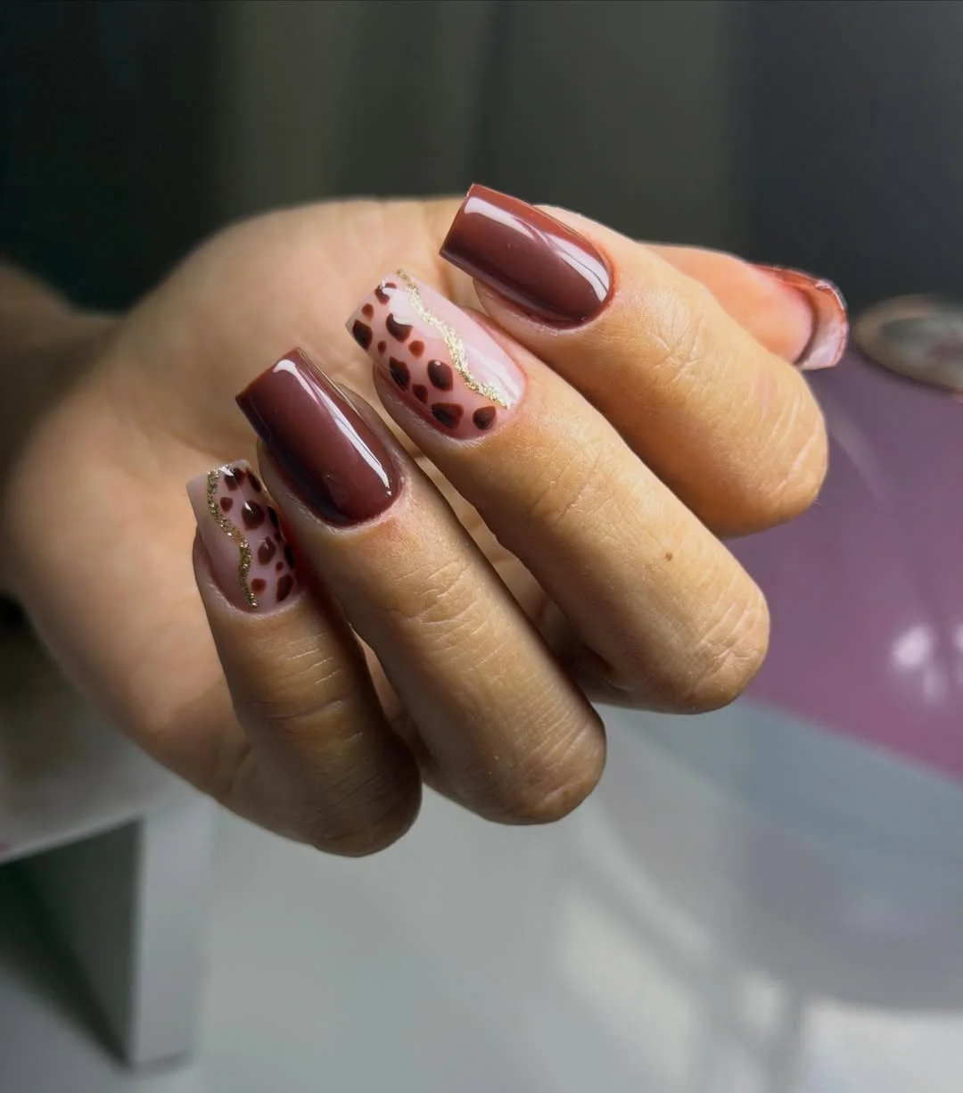 fall nails for tan skin tone Mocha Leopard Accents With Delicate Gold Lines
