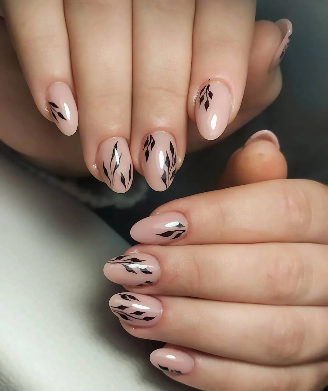 fall nails with autumn designs Delicate Black Leaves On A Blush Base
