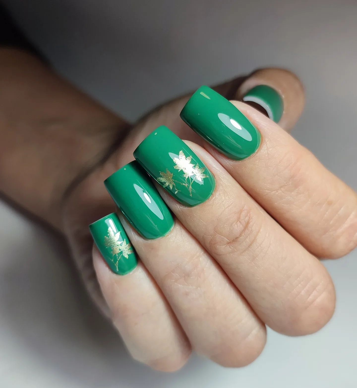 fall square nails 2026 Emerald Green With Delicate Gold Botanical Accents