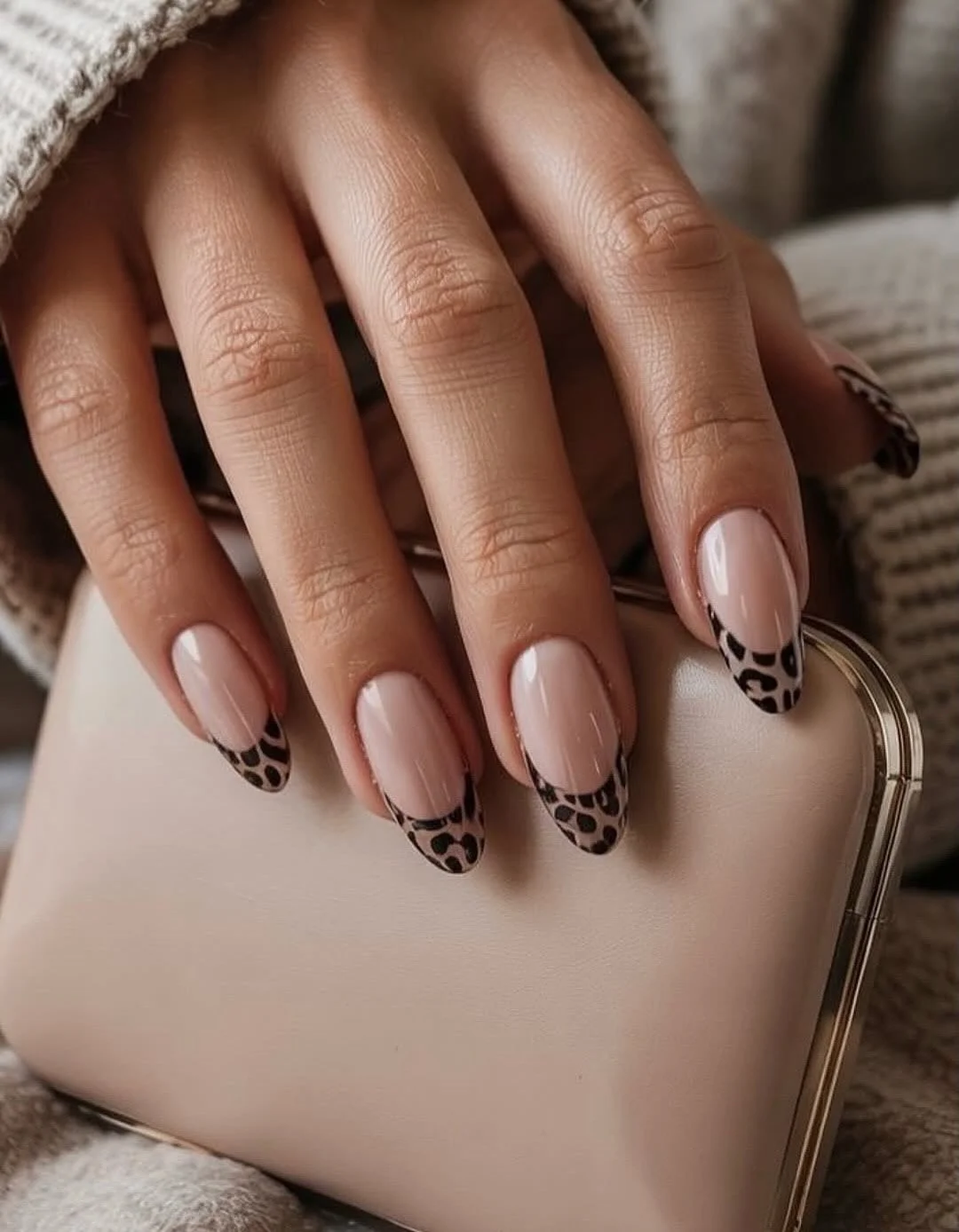 nude fall nails 2026 Nude Almond Nails With Leopard French Tips