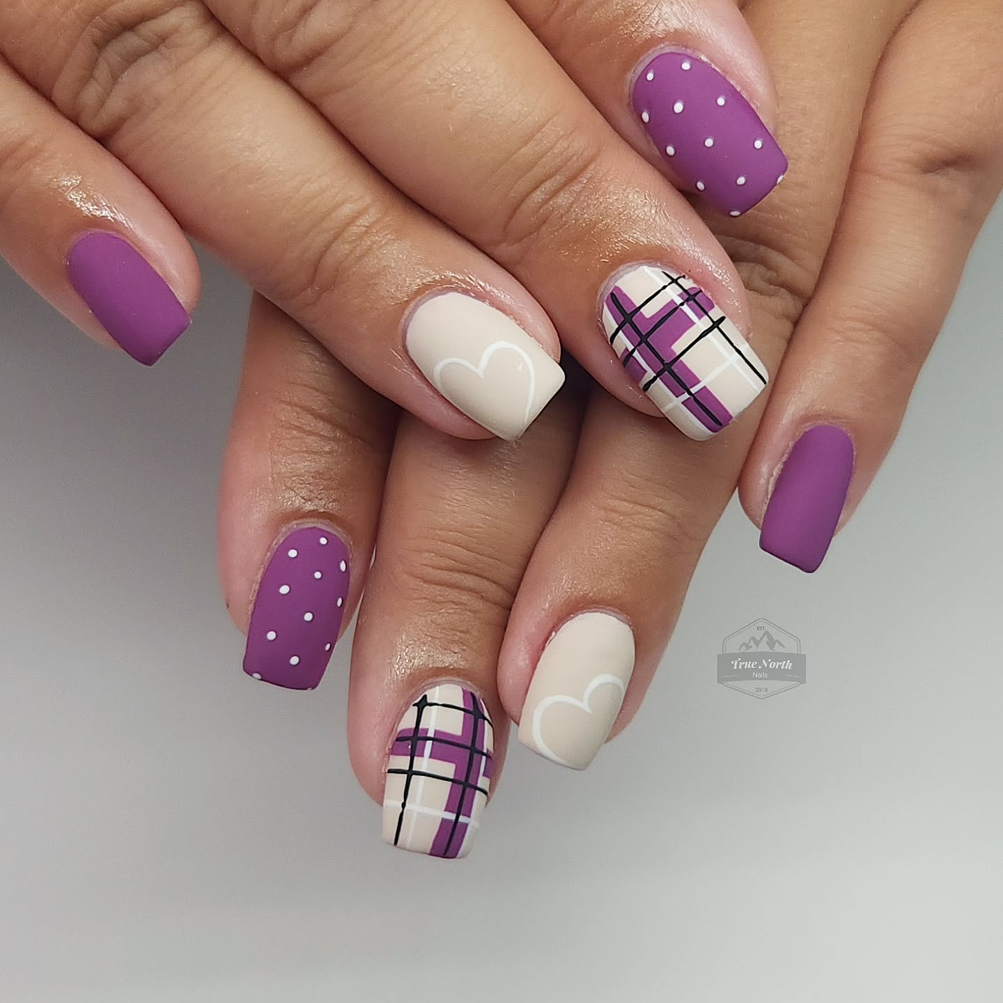polka dot fall nails 2026 Plum Polka Dots With Cozy Plaid Accents