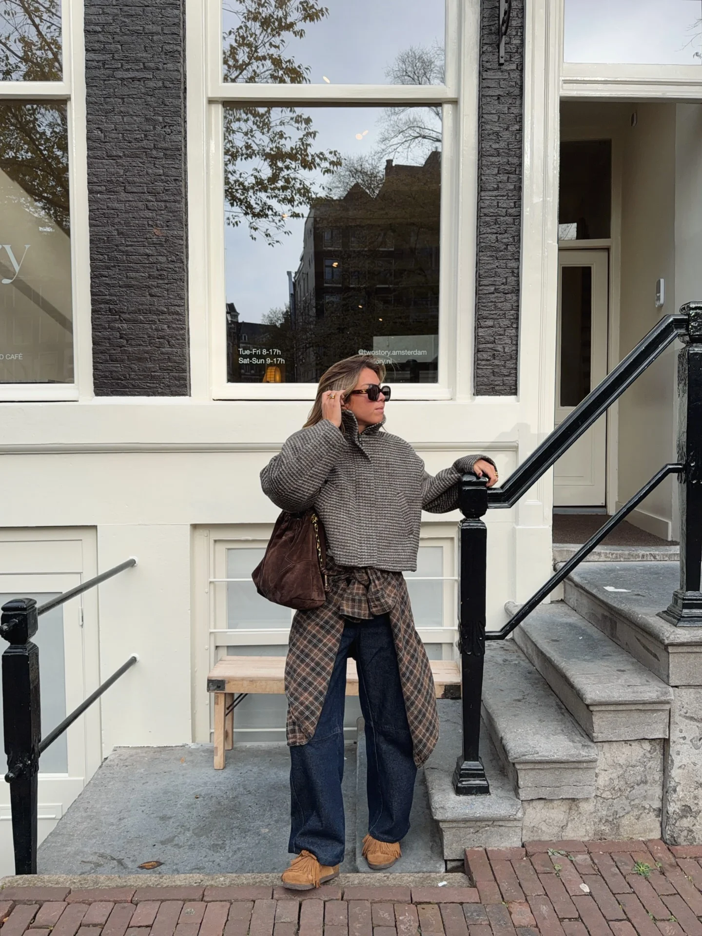 september fashion aesthetic Textured Gray Knit With Layered Plaid And Dark Denim