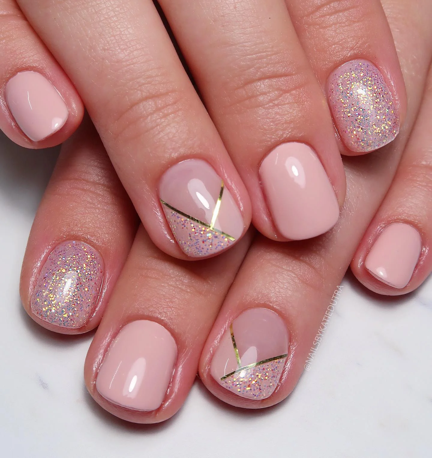simple fall short nails Blush Pink With Subtle Champagne Glitter