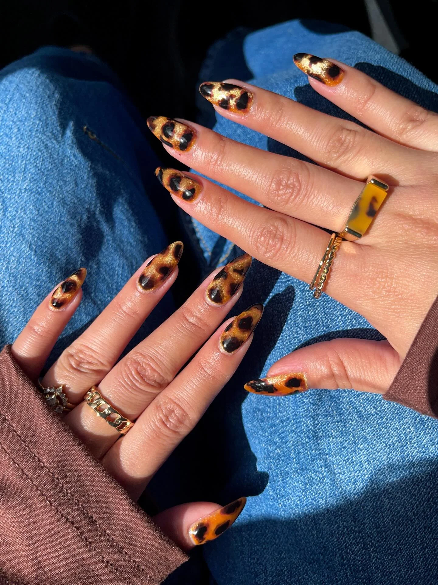 dark fall nails 2026 Golden Leopard Print Statement Nails