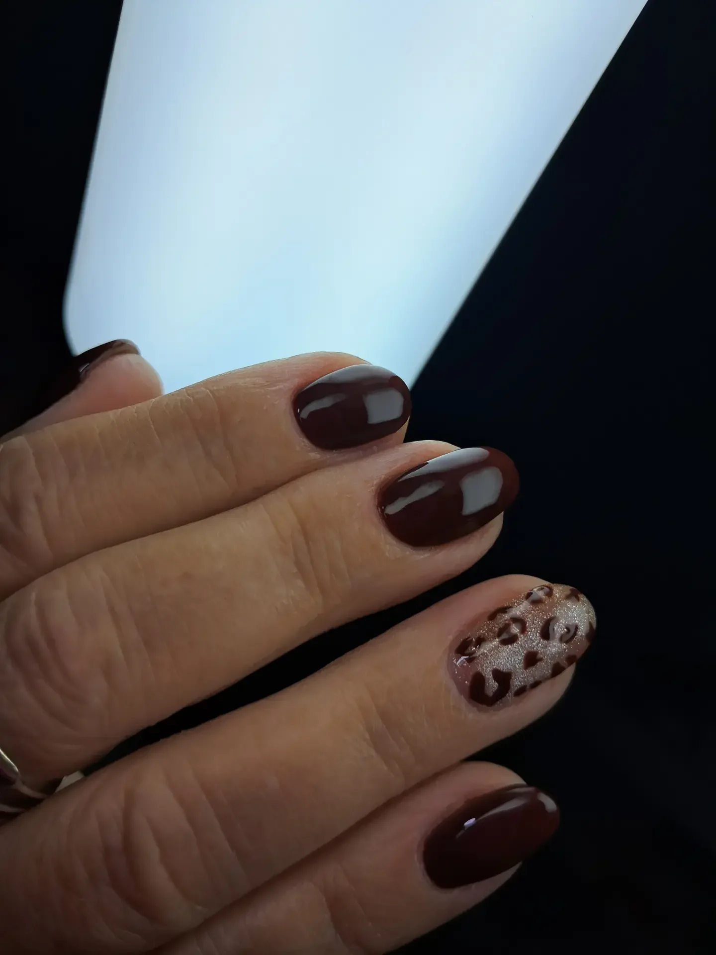 fall accent nail designs 2026 Deep Burgundy Nails With A Leopard Print Accent