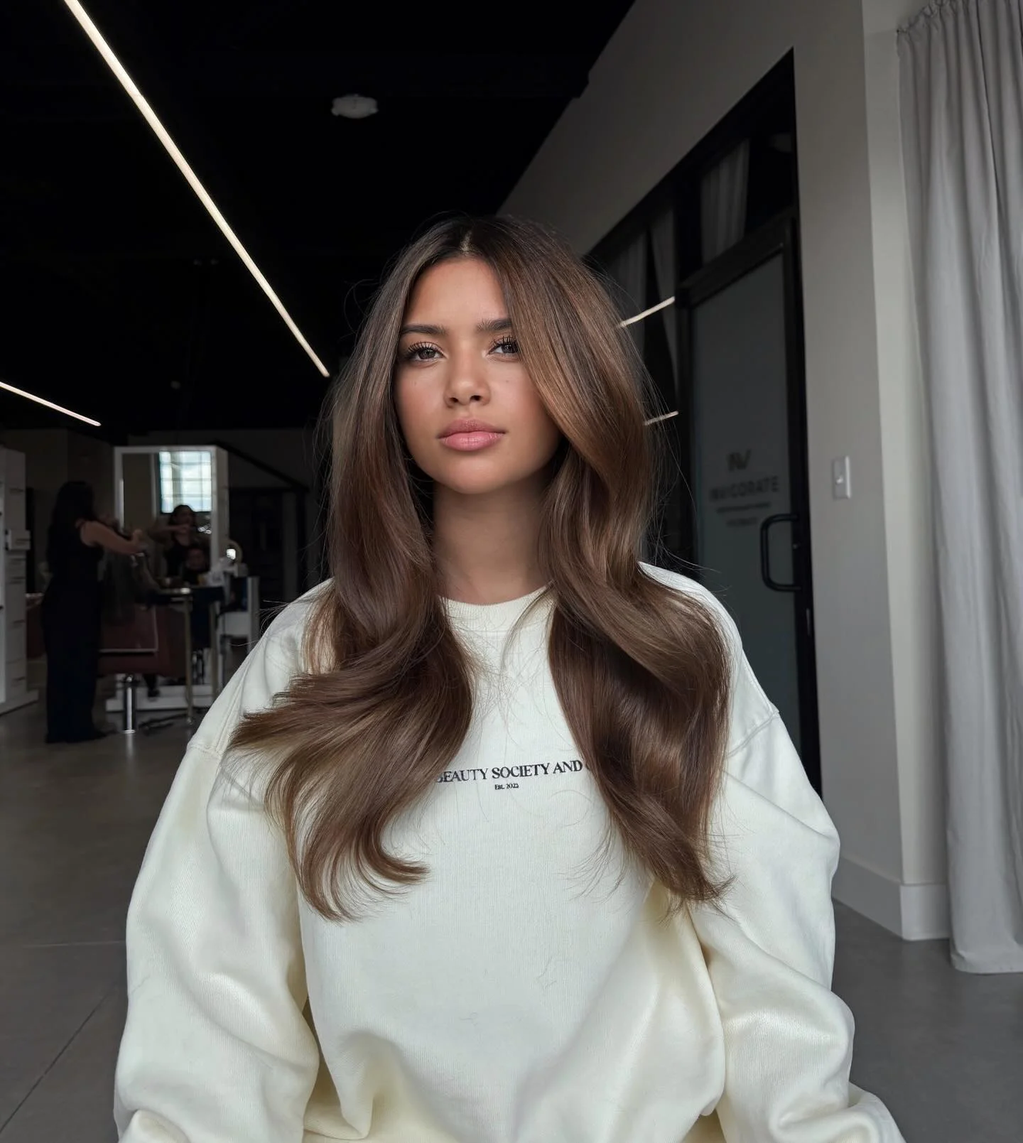 fall brown hair color ideas 2026 Cool Cocoa Brunette With Silky Layers
