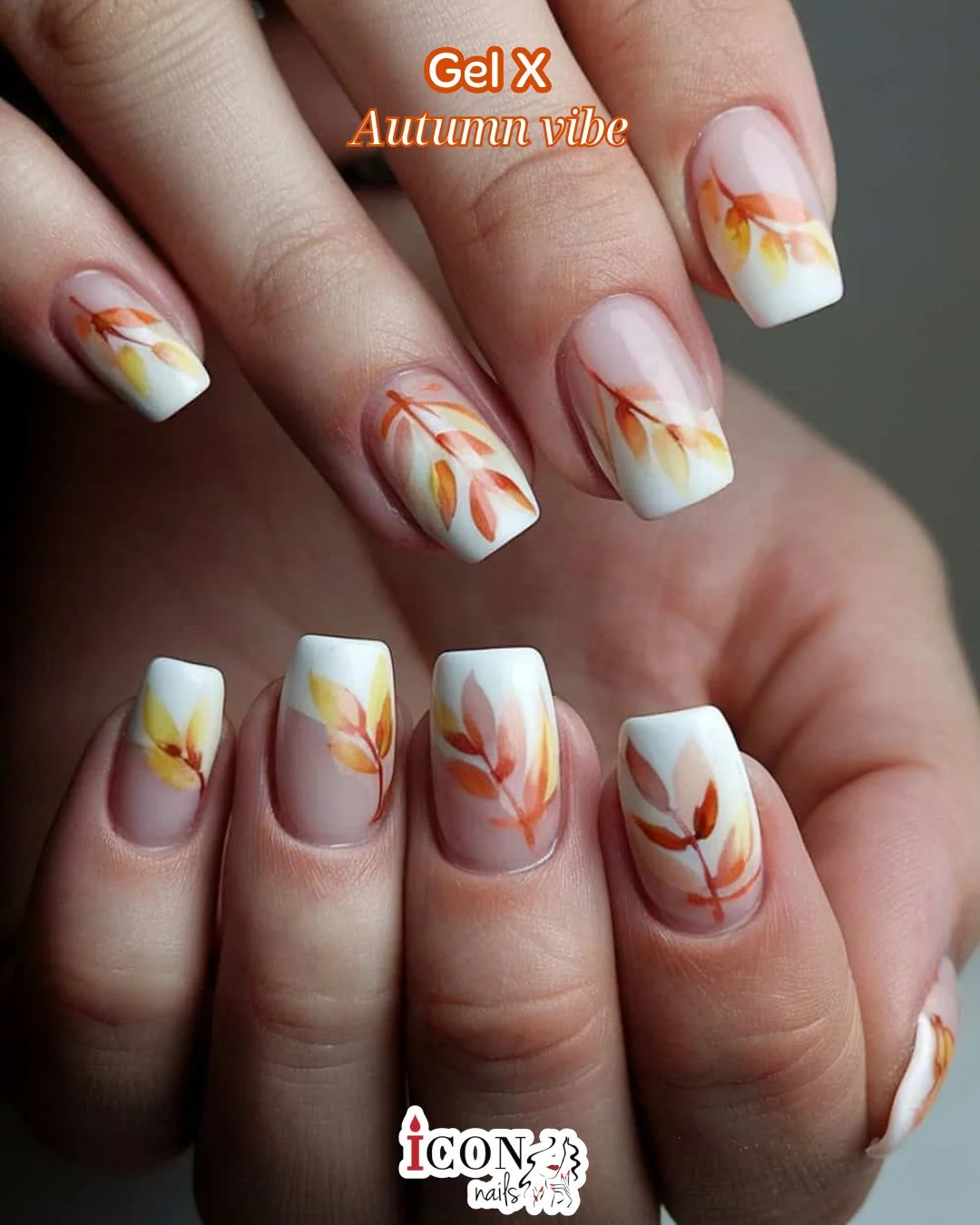 fall gel nails ideas 2026 Soft White Autumn Leaves On Natural Base