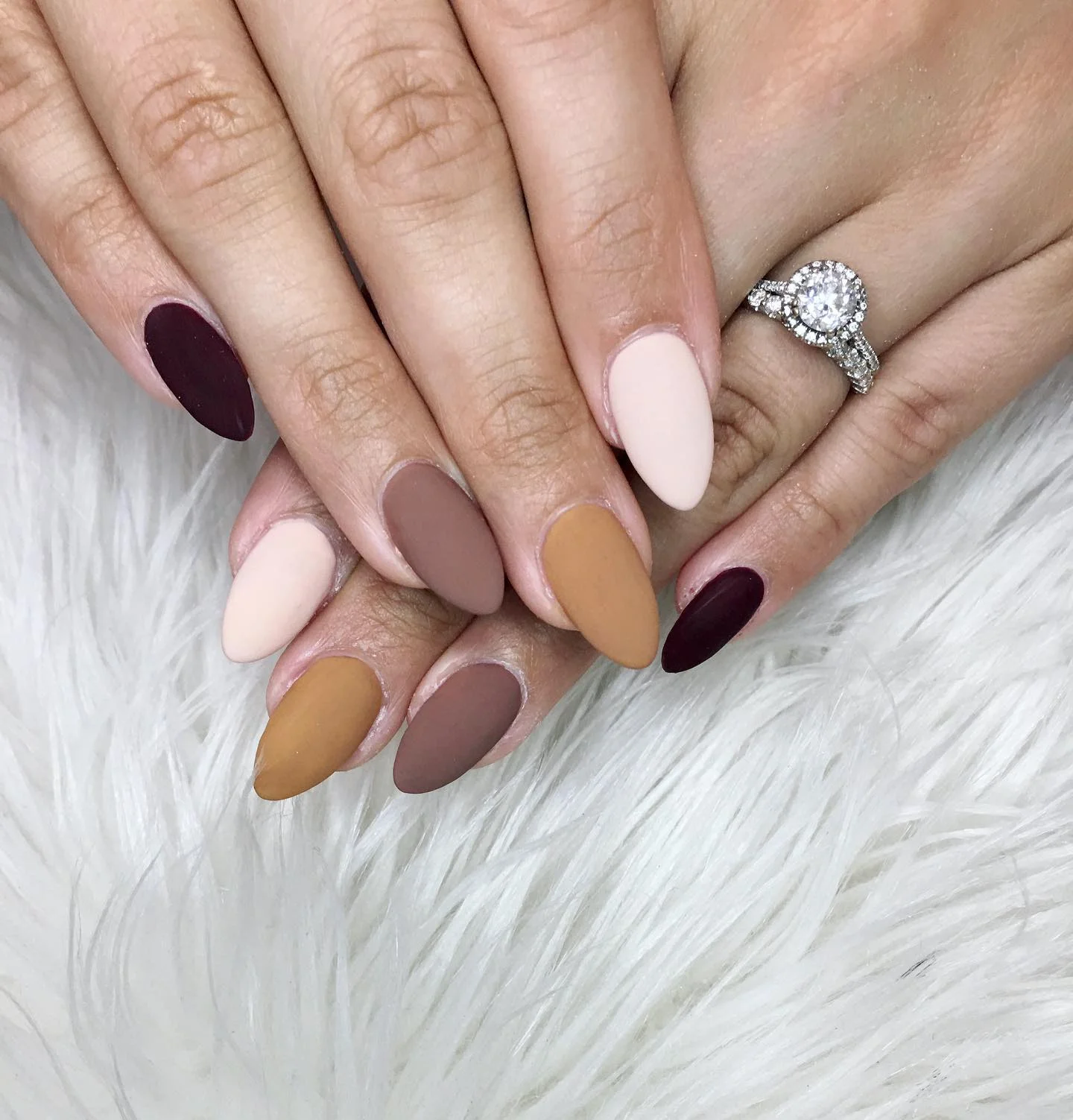 fall manicure colors 2026 Muted Autumn Mix Of Burgundy Taupe Cream And Mustard