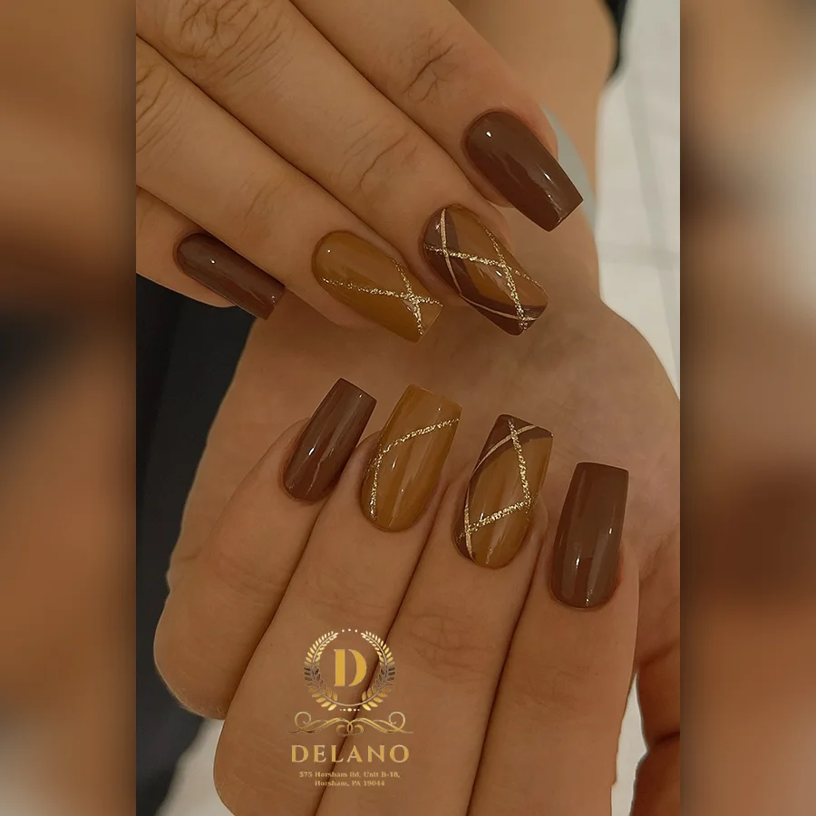fall nail designs square shape 2026 Chocolate Swirl Nails With Fine Gold Lines