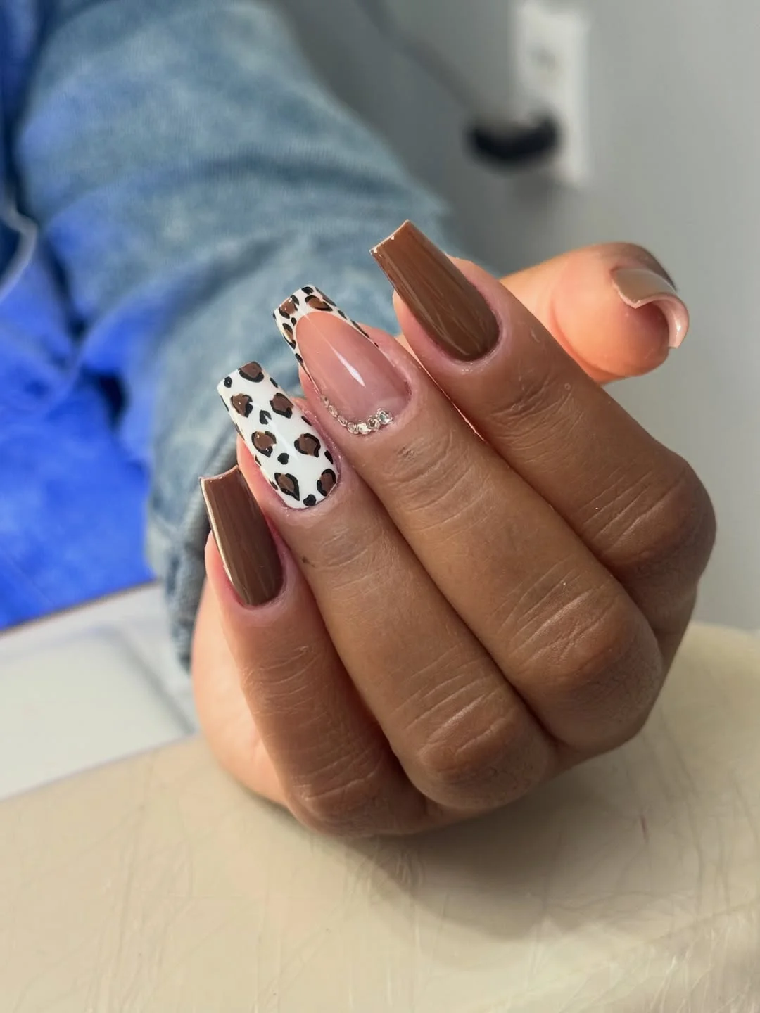 fall nails for tan skin tone Leopard French Tips With Crystal Detail
