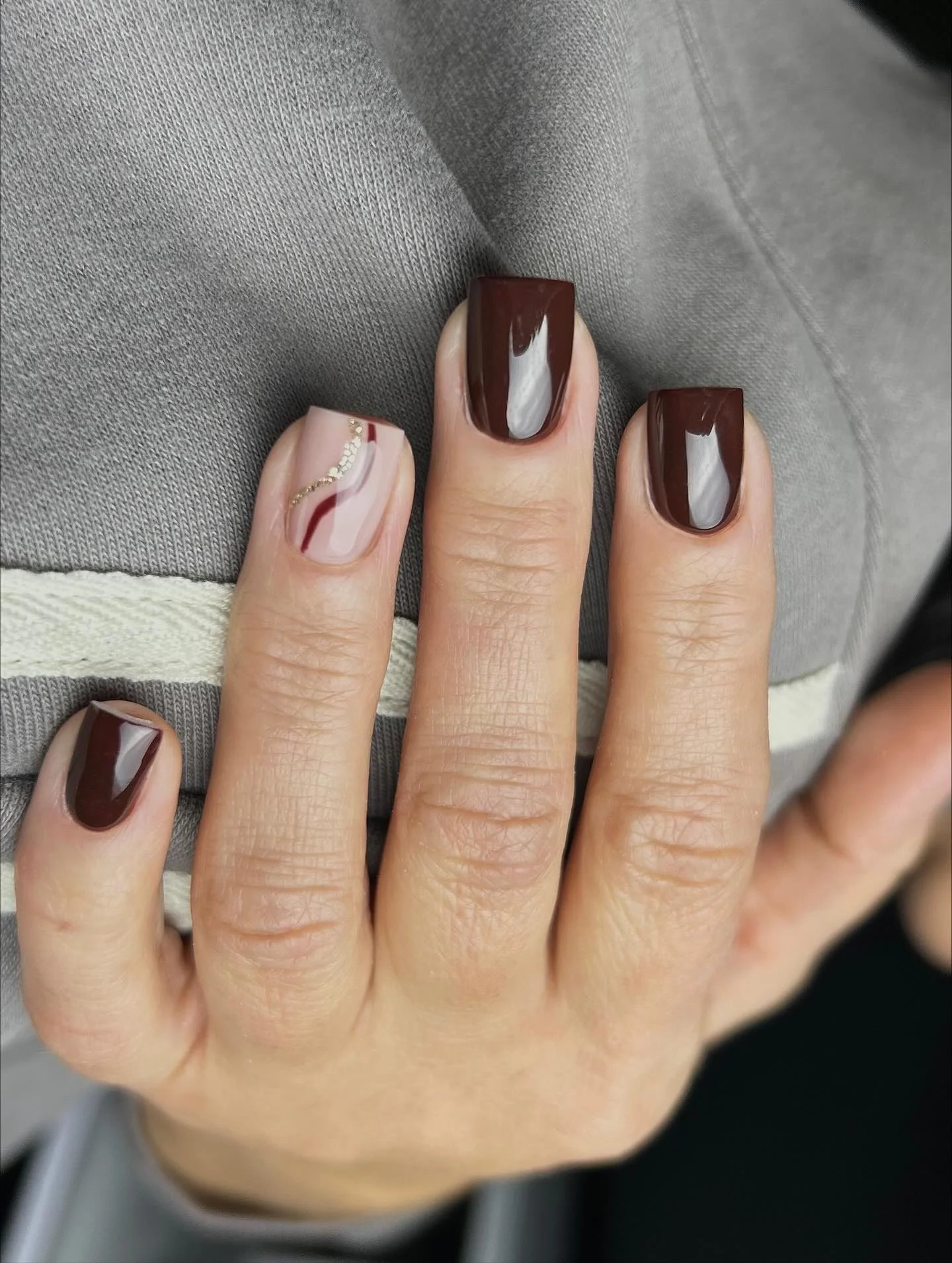 fall square nails 2026 Deep Chocolate With Soft Abstract Accent Lines