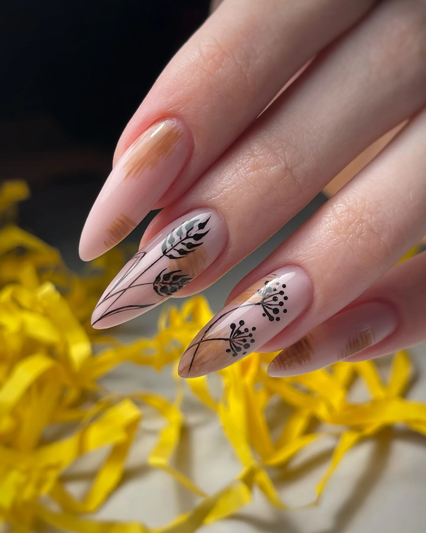 nude fall nails 2026 Soft Nude Almonds With Botanical Black Art