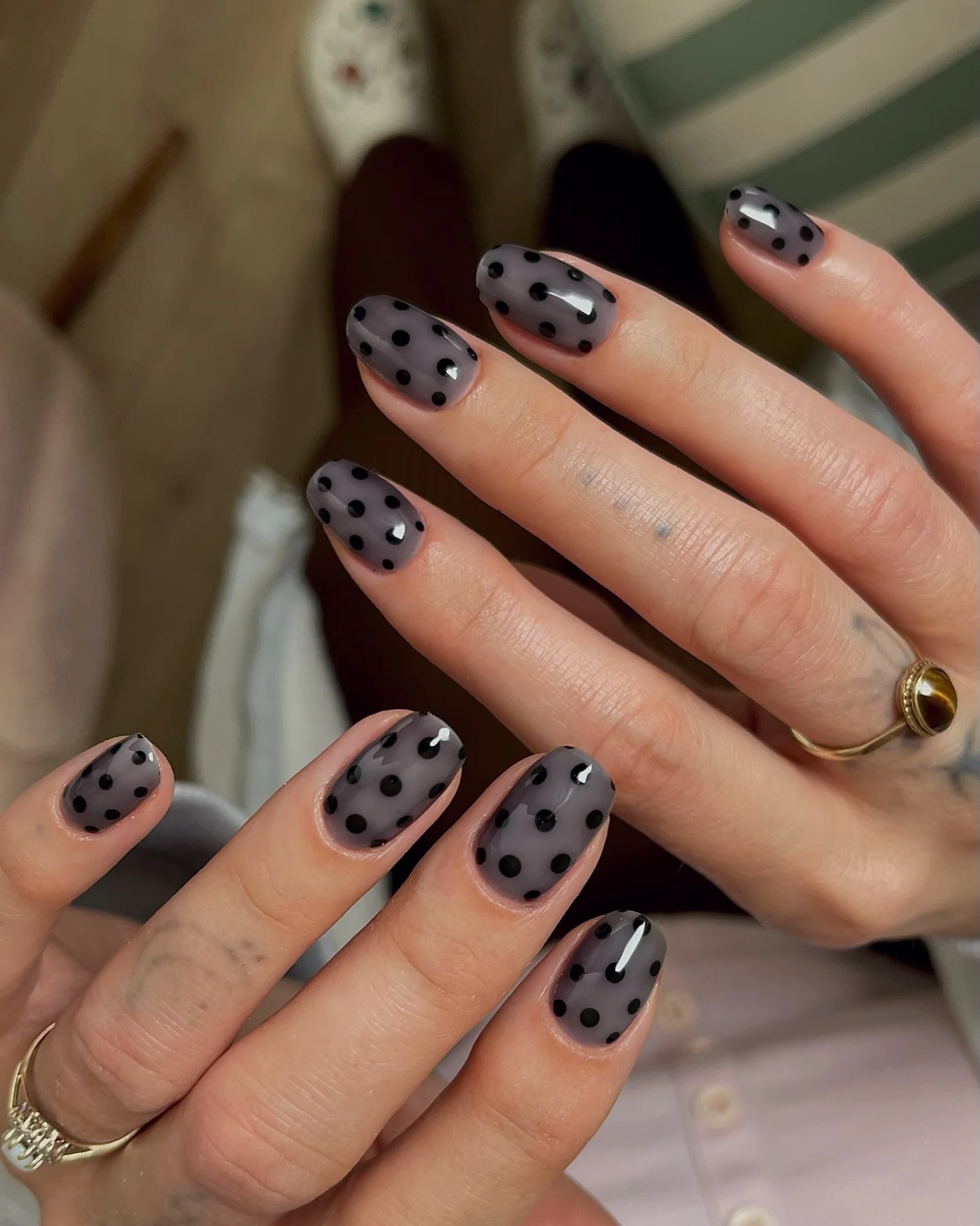 polka dot fall nails 2026 Smoky Sheer Nails With Black Polka Dots