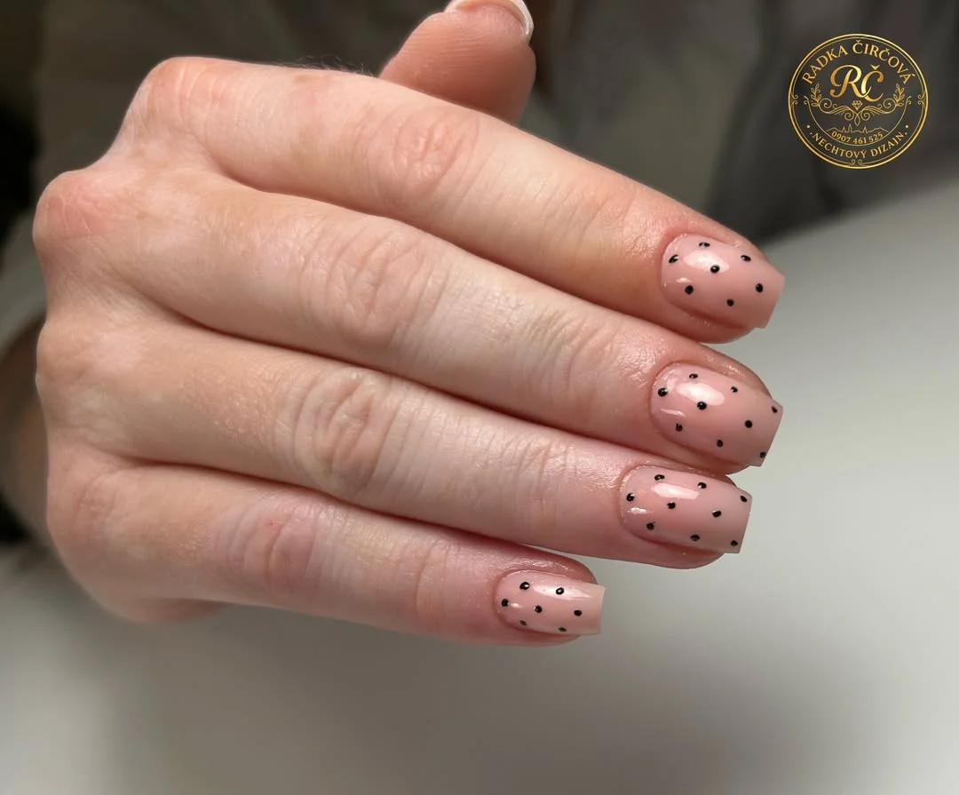 simple fall short nails Sheer Nude With Tiny Black Dots