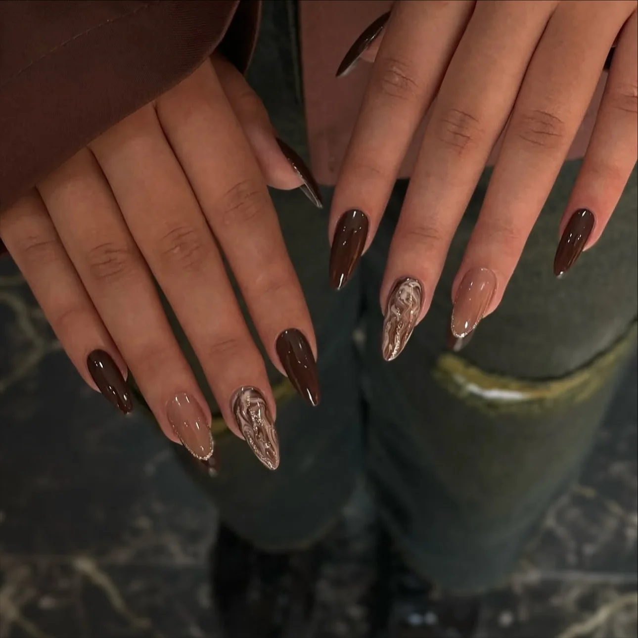 dark fall nails 2026 Rich Espresso Marble Accent Nails