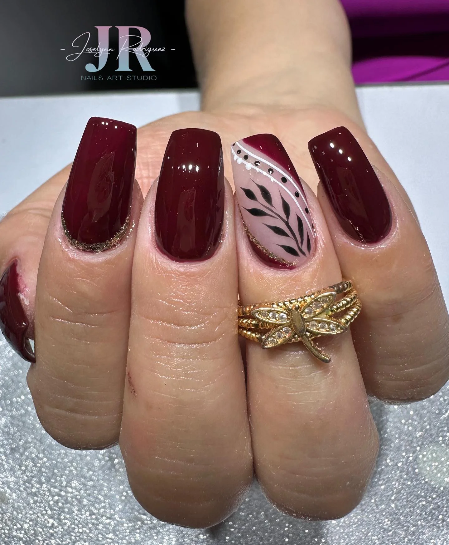 fall burgundy nails with design Dark Burgundy With Botanical Black And Gold Accents