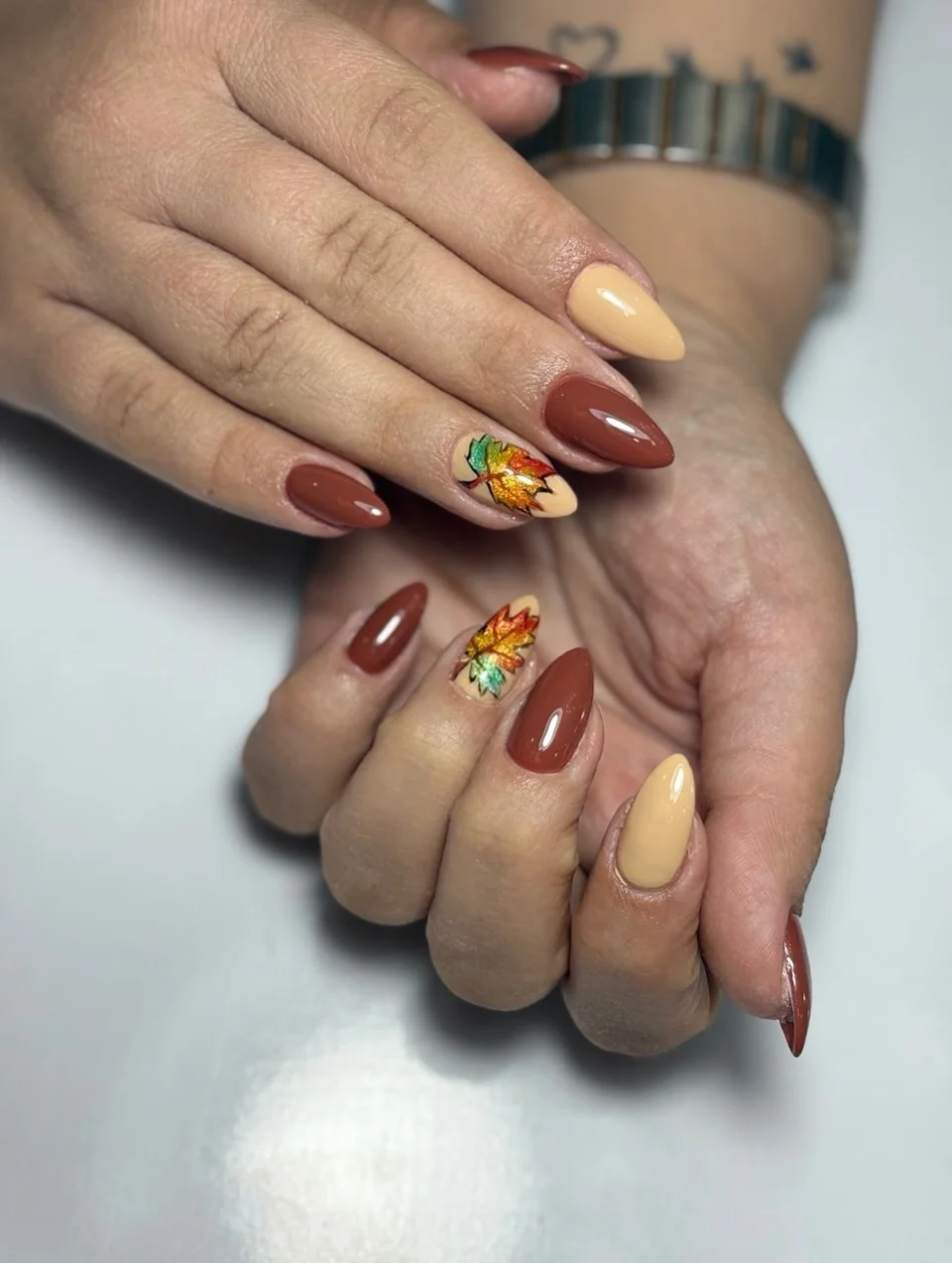 fall mid length nails 2026 Classic Maple Leaf Accent For Cozy Fall Days
