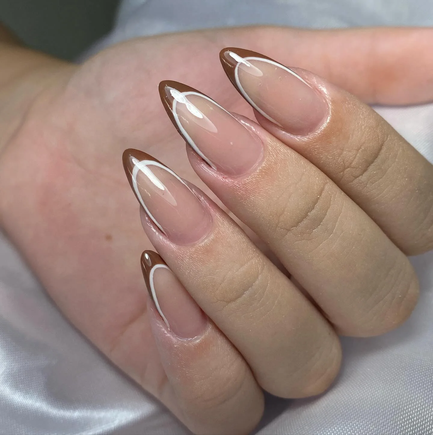 fall nail designs for office 2026 Chocolate French Almond Nails With Clean White Lines