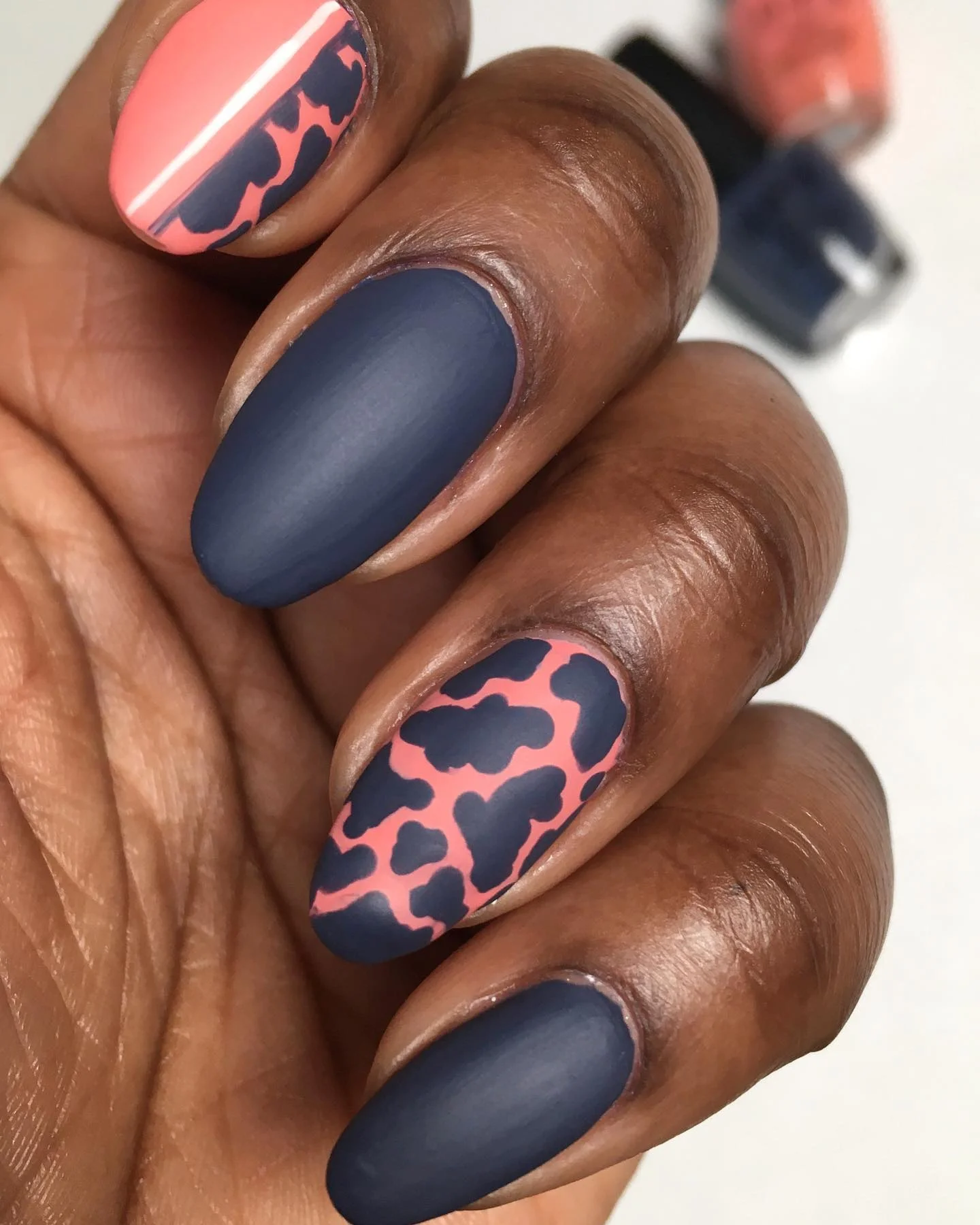 fall nails for dark skin 2026 Matte Charcoal Leopard Nails With Coral Contrast