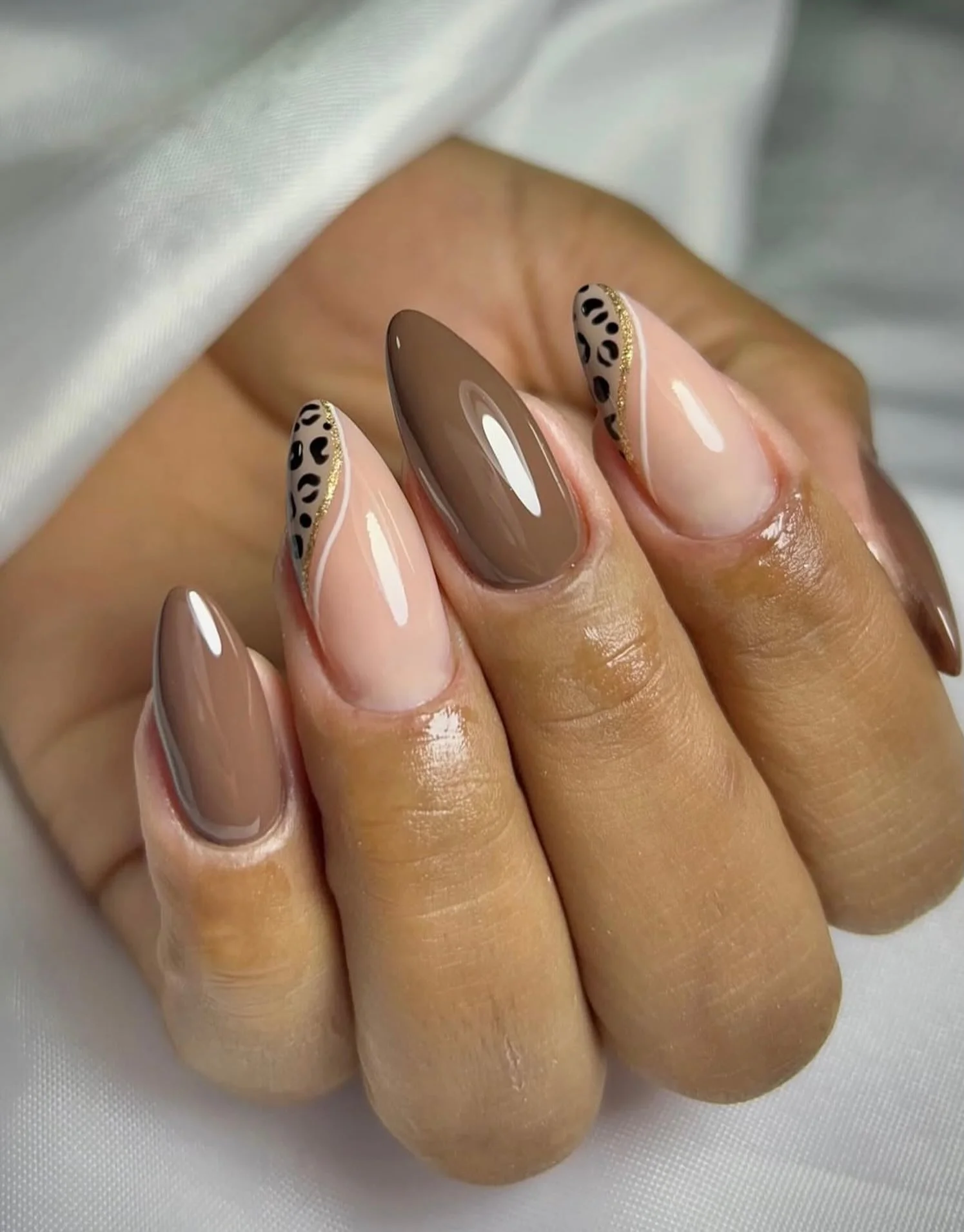 fall nails for tan skin tone Soft Taupe Almond Nails With Leopard French Accents