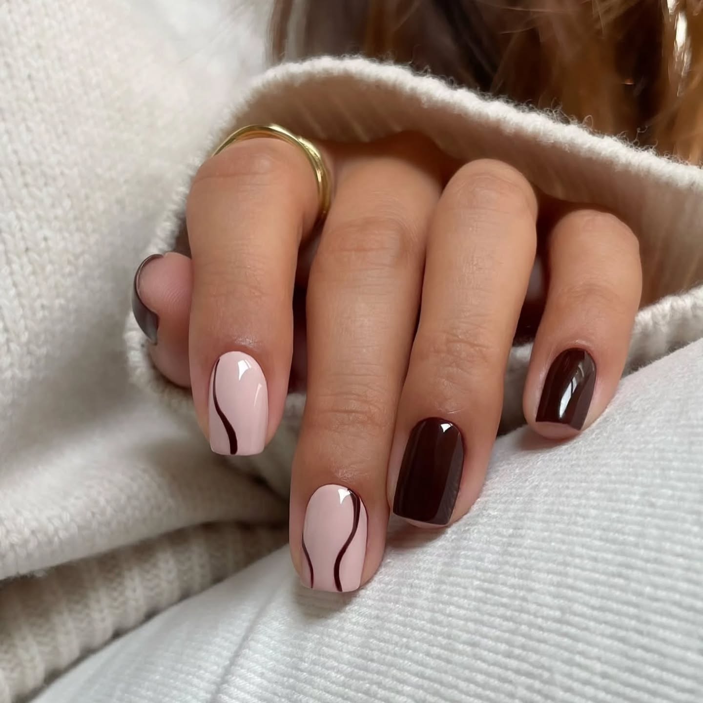 fall nails with autumn designs Chocolate Waves On A Soft Pink Base