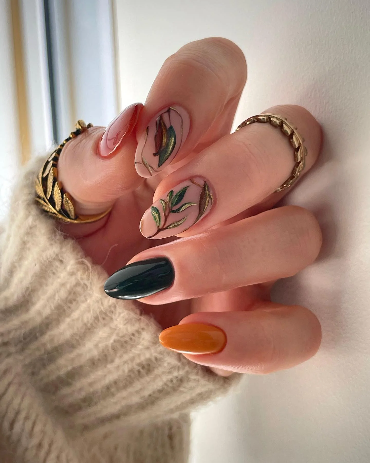 fall trendy nails 2026 Forest Green And Pumpkin Orange Autumn Botanical Mix
