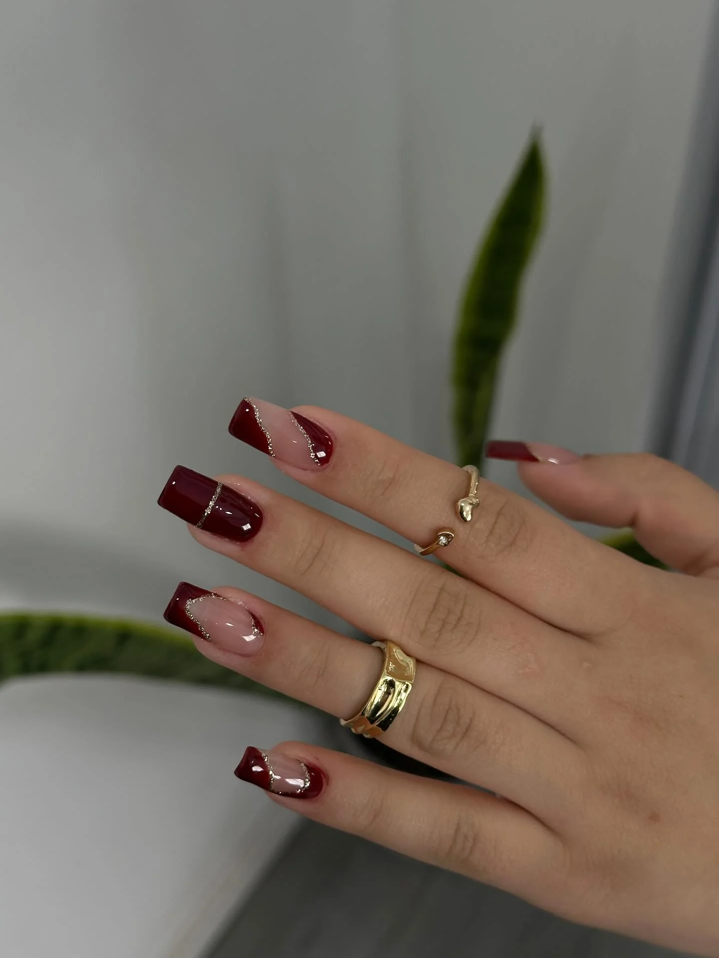 fall nail designs square shape 2026 Deep Burgundy French Tips With Modern Metallic Lines