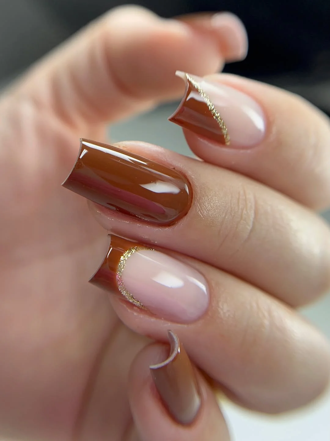 fall nails for fair skin tones Glossy Cinnamon French With Fine Gold Edging