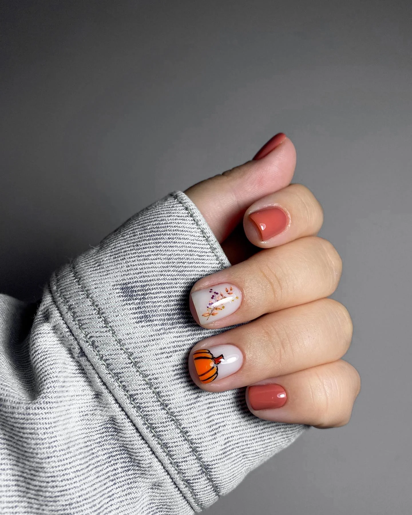 fall nails for pale skin 2026 Terracotta Pumpkin Accents On Short Natural Nails
